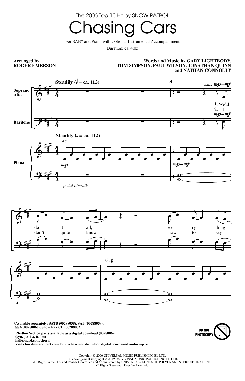 Snow Patrol Chasing Cars (arr. Roger Emerson) Sheet Music Notes & Chords for SAB Choir - Download or Print PDF