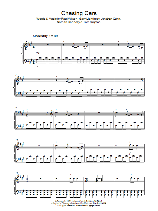 Snow Patrol Chasing Cars Sheet Music Notes & Chords for Melody Line, Lyrics & Chords - Download or Print PDF