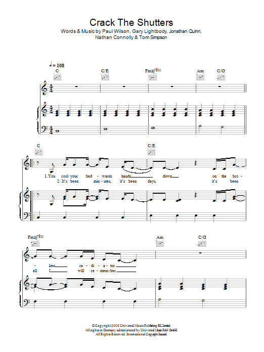 Snow Patrol Crack The Shutters Sheet Music Notes & Chords for Piano, Vocal & Guitar (Right-Hand Melody) - Download or Print PDF