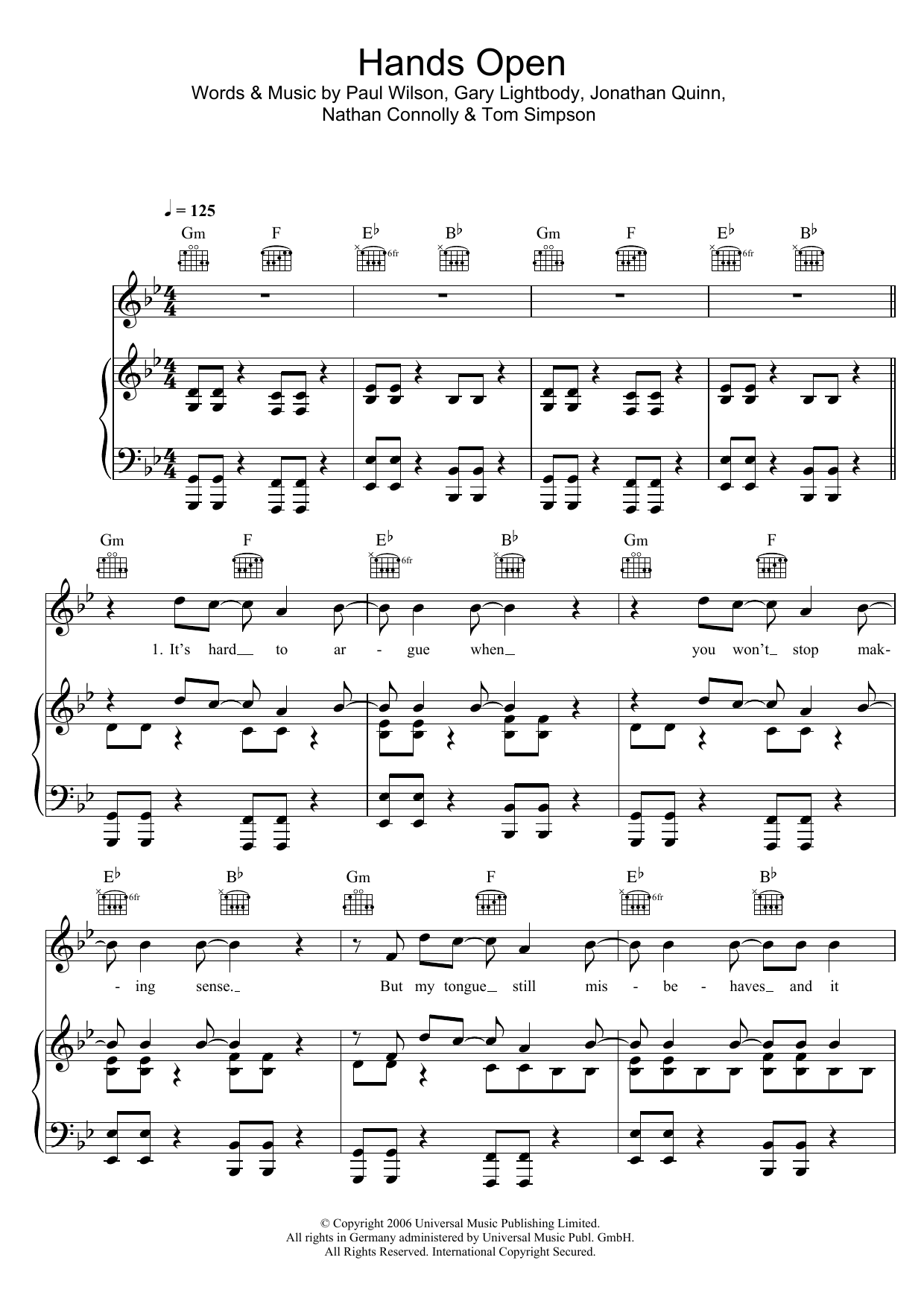 Snow Patrol Hands Open Sheet Music Notes & Chords for Piano, Vocal & Guitar (Right-Hand Melody) - Download or Print PDF