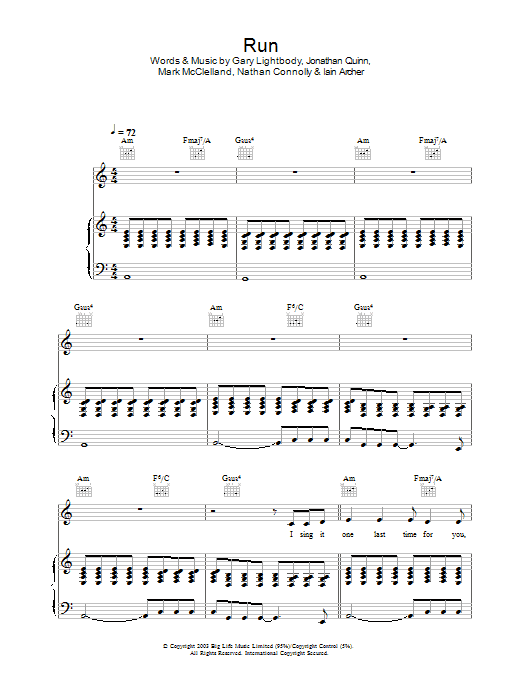 Snow Patrol Run Sheet Music Notes & Chords for Lyrics & Chords - Download or Print PDF