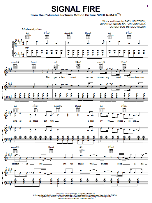 Snow Patrol Signal Fire Sheet Music Notes & Chords for Piano, Vocal & Guitar (Right-Hand Melody) - Download or Print PDF