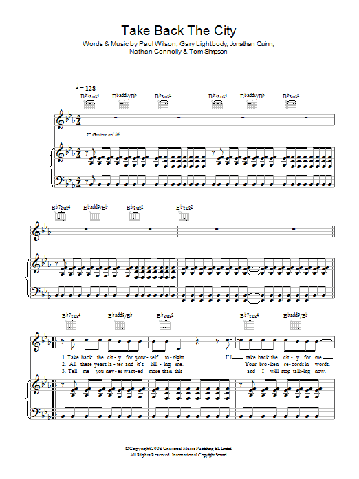 Snow Patrol Take Back The City Sheet Music Notes & Chords for Piano, Vocal & Guitar (Right-Hand Melody) - Download or Print PDF