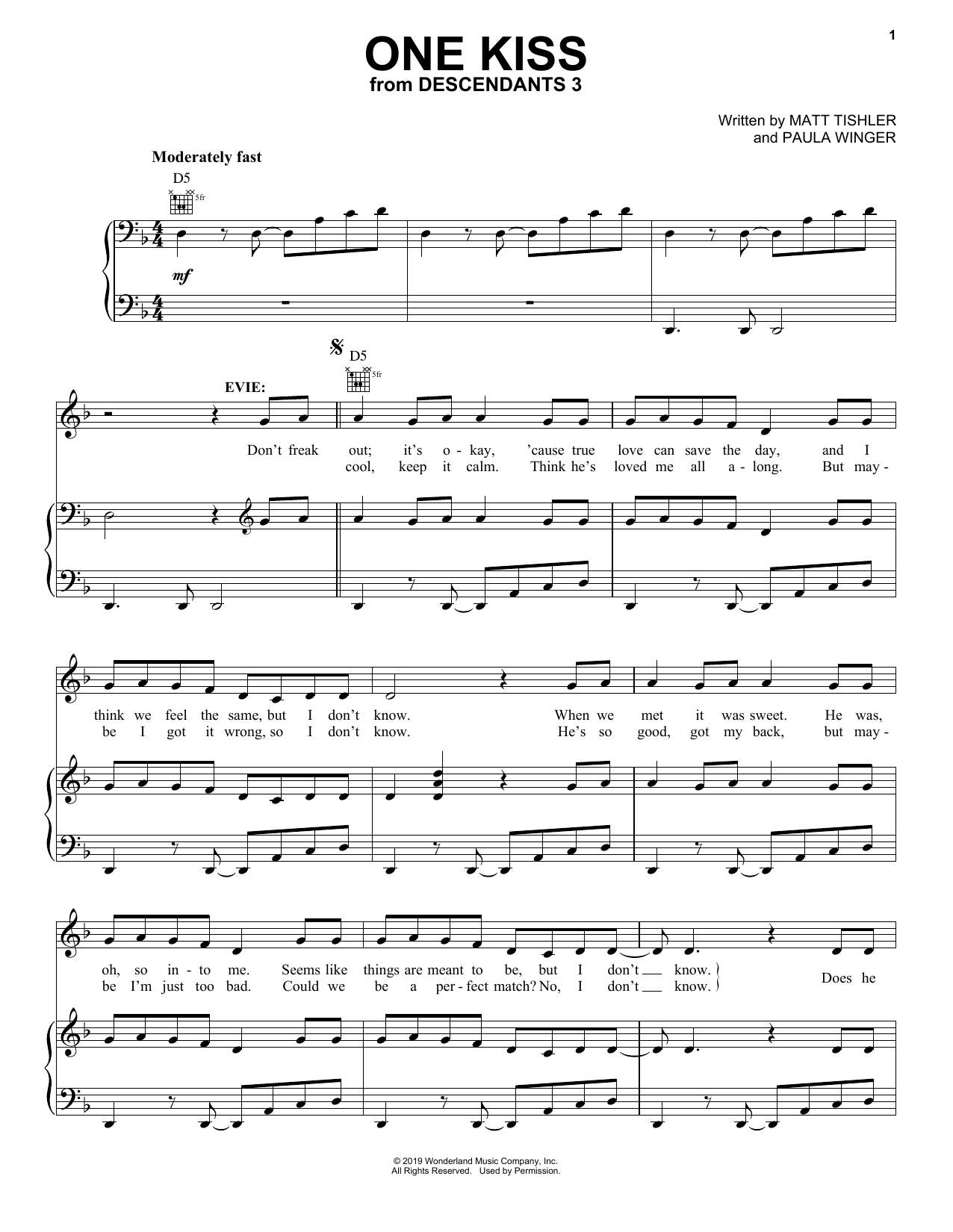 Sofia Carson One Kiss (from Disney's Descendants 3) Sheet Music Notes & Chords for Piano, Vocal & Guitar (Right-Hand Melody) - Download or Print PDF