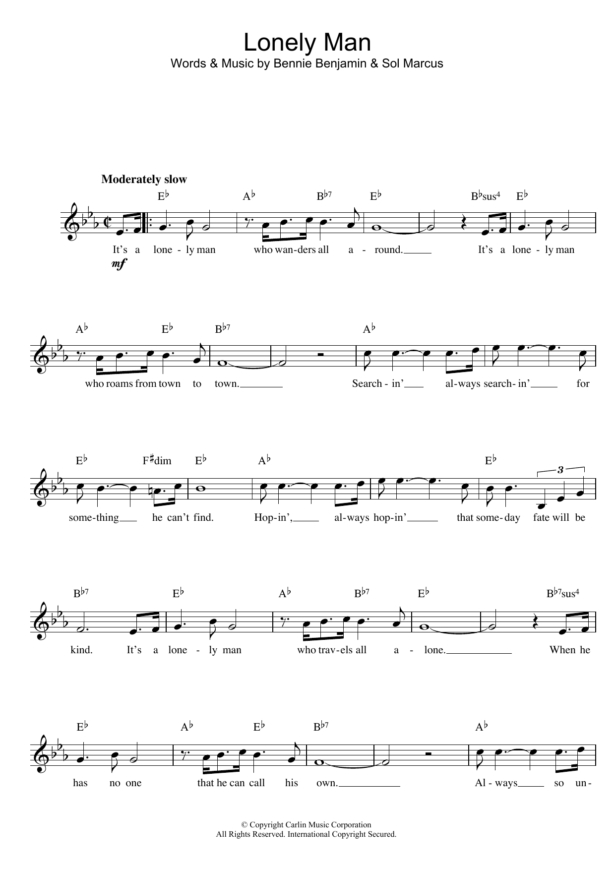 Bennie Benjamin and Sol Marcus Lonely Man Sheet Music Notes & Chords for Melody Line, Lyrics & Chords - Download or Print PDF