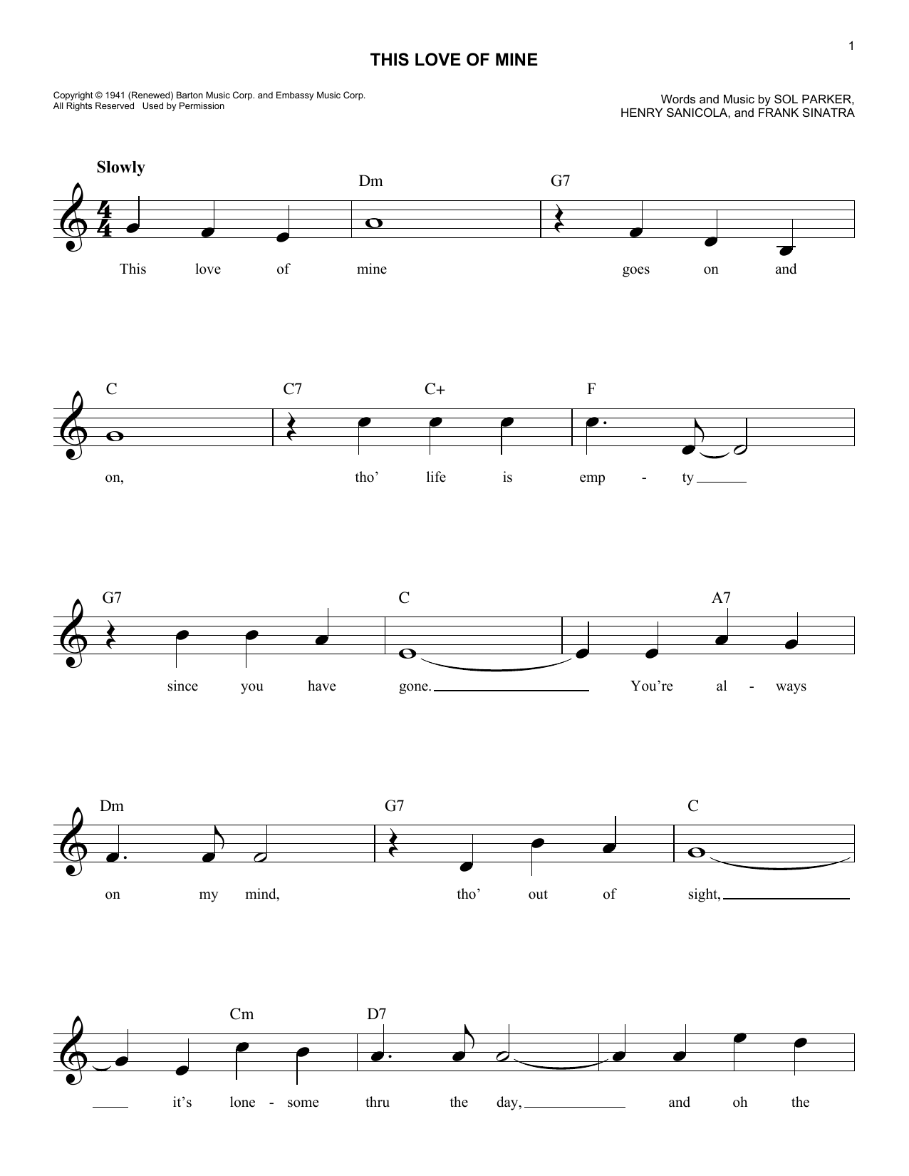 Sol Parker This Love Of Mine Sheet Music Notes & Chords for Melody Line, Lyrics & Chords - Download or Print PDF