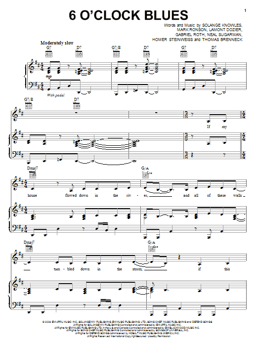 Solange 6 O'Clock Blues Sheet Music Notes & Chords for Piano, Vocal & Guitar (Right-Hand Melody) - Download or Print PDF