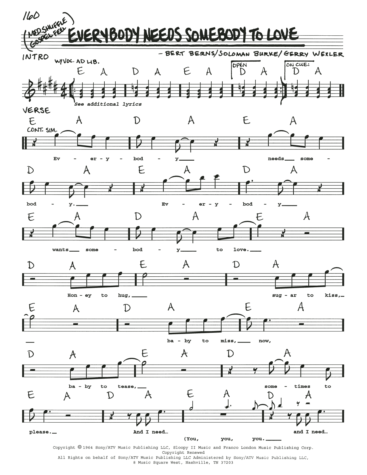 Soloman Burke Everybody Needs Somebody To Love Sheet Music Notes & Chords for Real Book – Melody, Lyrics & Chords - Download or Print PDF