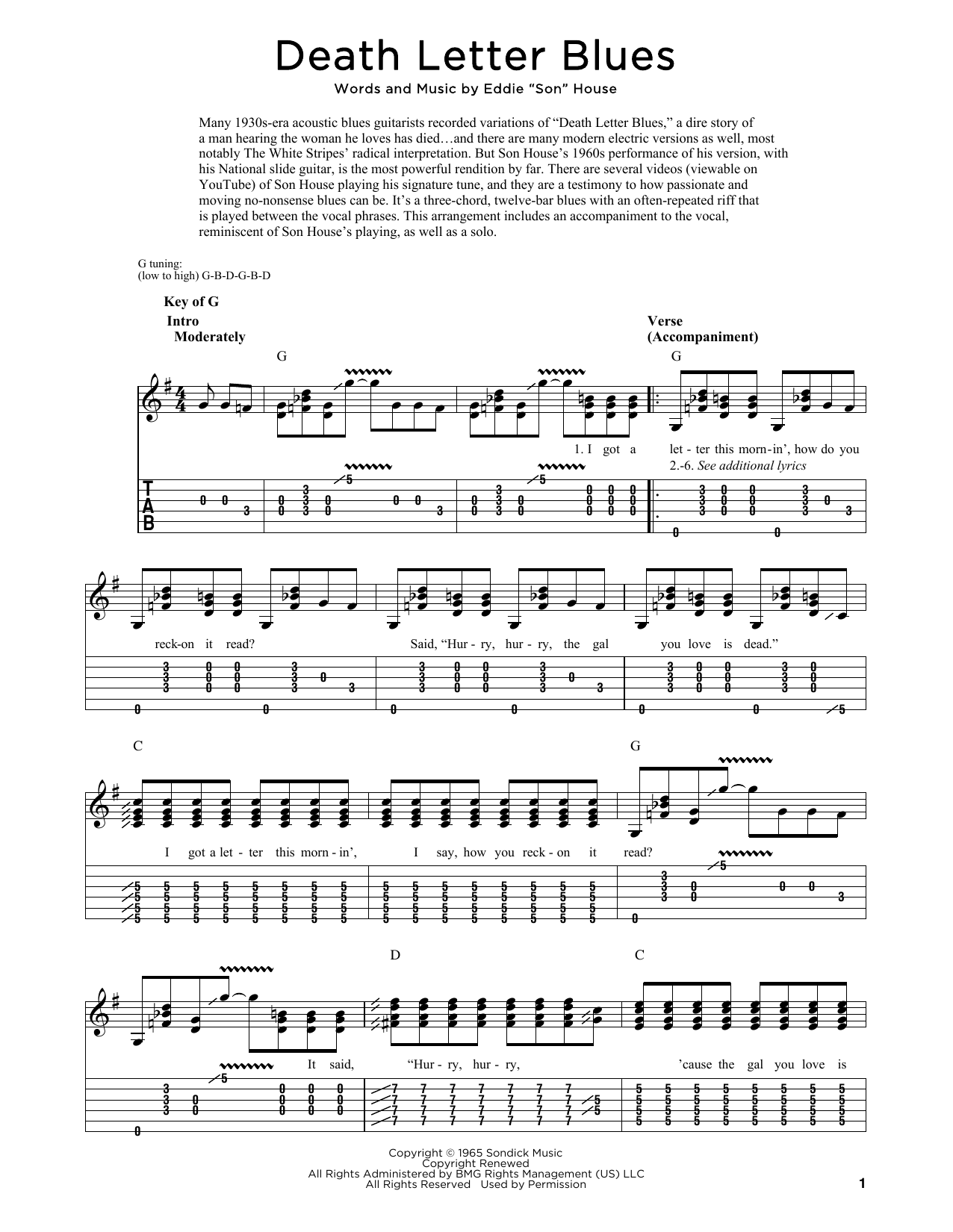 Son House Death Letter Blues Sheet Music Notes & Chords for Lyrics & Chords - Download or Print PDF