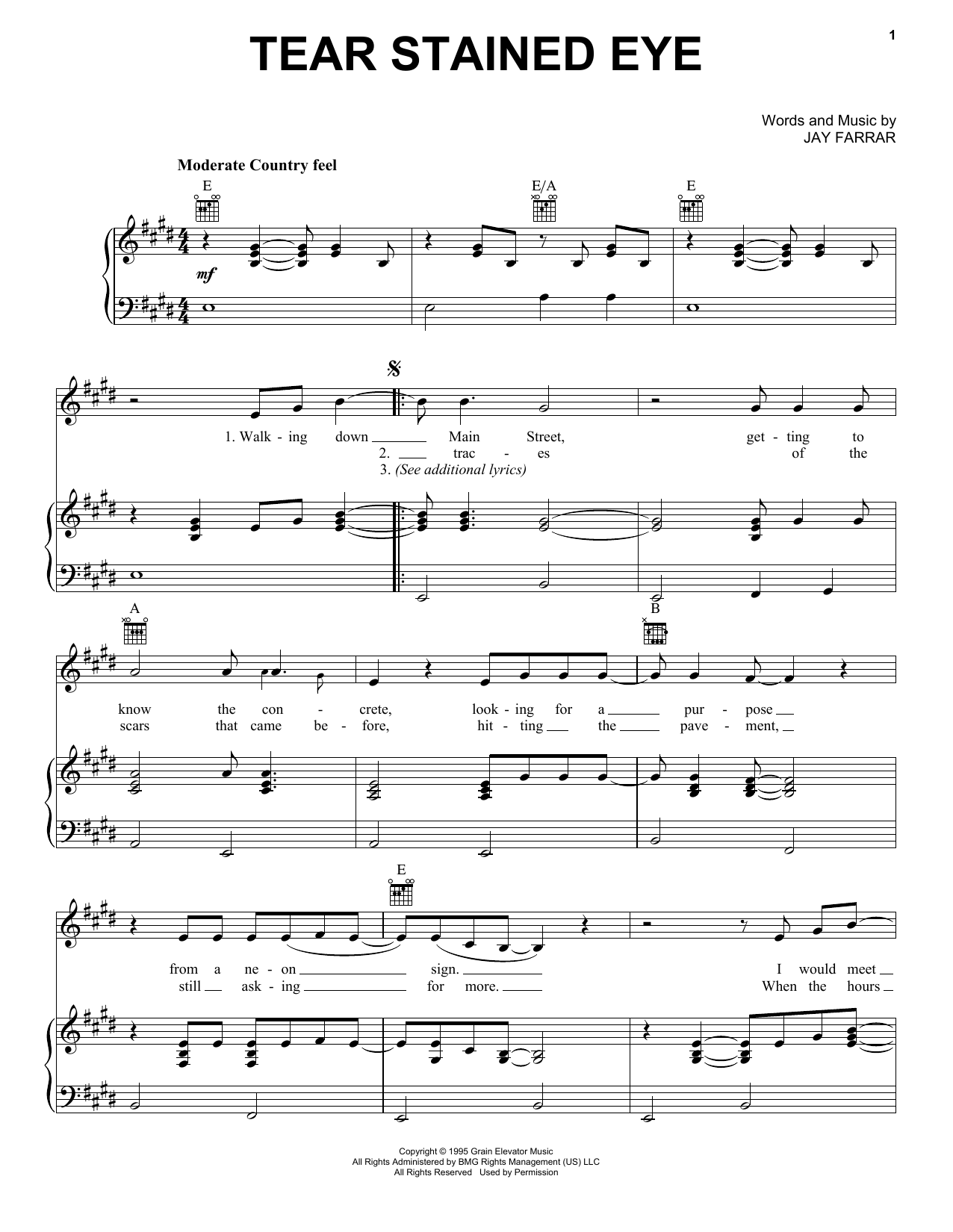 Son Volt Tear Stained Eye Sheet Music Notes & Chords for Piano, Vocal & Guitar (Right-Hand Melody) - Download or Print PDF