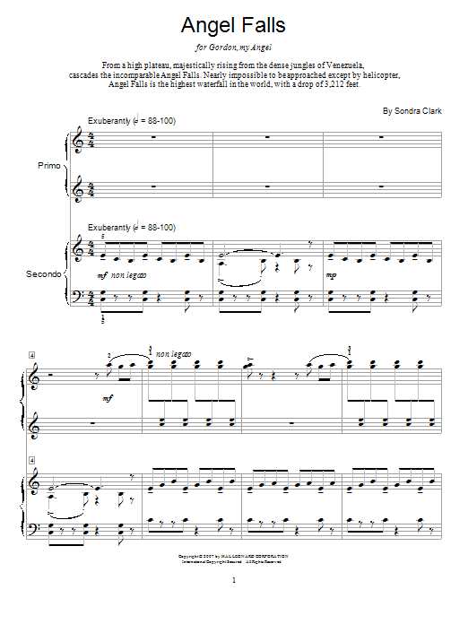 Sondra Clark Angel Falls Sheet Music Notes & Chords for Piano Duet - Download or Print PDF