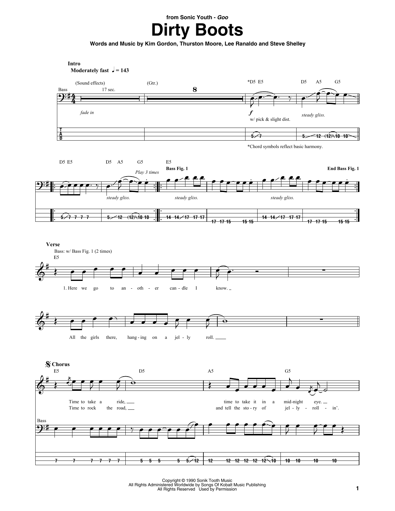Sonic Youth Dirty Boots Sheet Music Notes & Chords for Bass Guitar Tab - Download or Print PDF