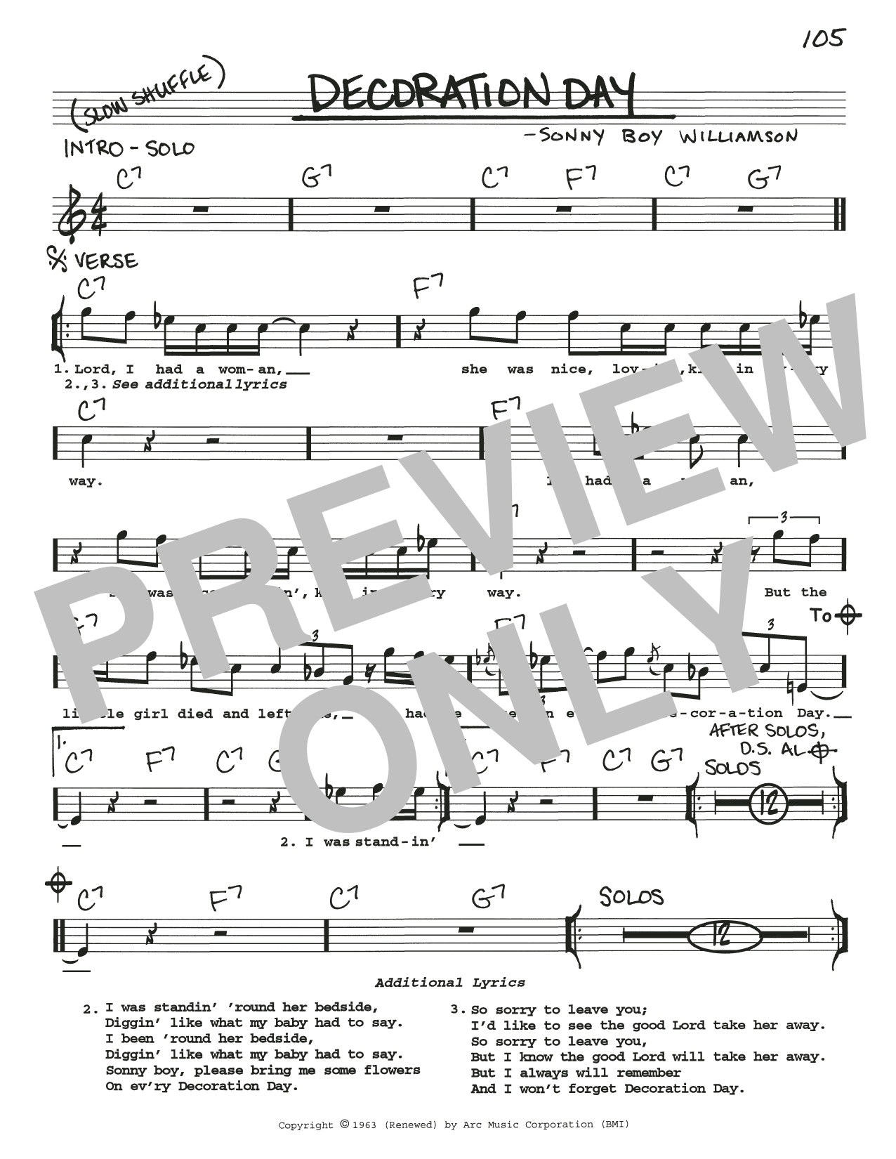 Sonny Boy Williamson Decoration Day Sheet Music Notes & Chords for Real Book – Melody, Lyrics & Chords - Download or Print PDF