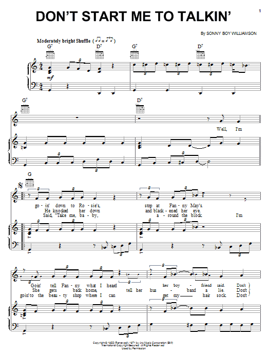 Sonny Boy Williamson Don't Start Me To Talkin' Sheet Music Notes & Chords for Lyrics & Chords - Download or Print PDF