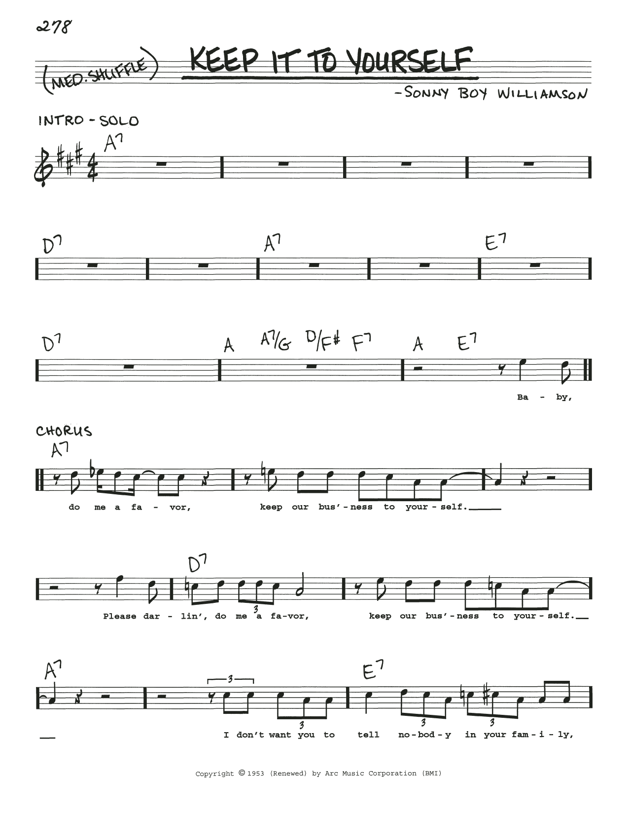 Sonny Boy Williamson Keep It To Yourself Sheet Music Notes & Chords for Real Book – Melody, Lyrics & Chords - Download or Print PDF