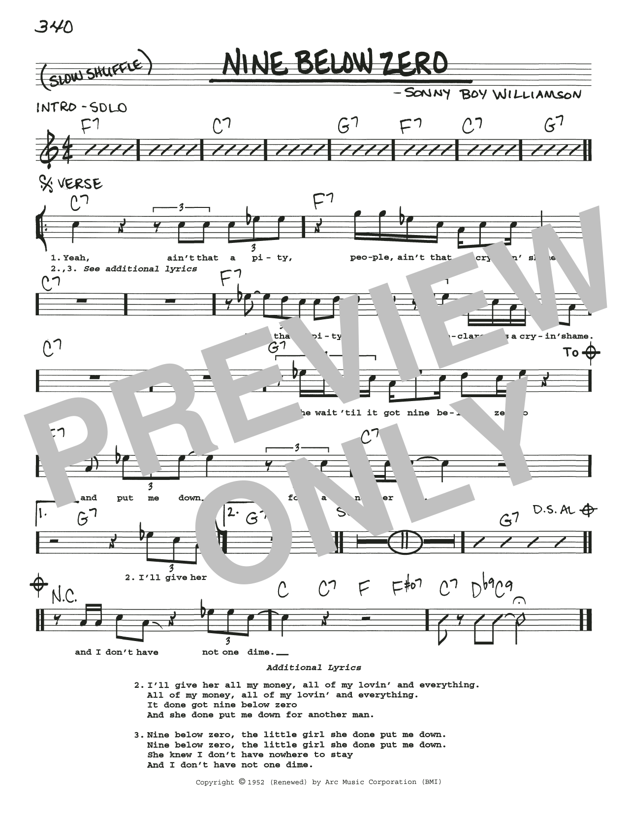 Sonny Boy Williamson Nine Below Zero Sheet Music Notes & Chords for Real Book – Melody, Lyrics & Chords - Download or Print PDF