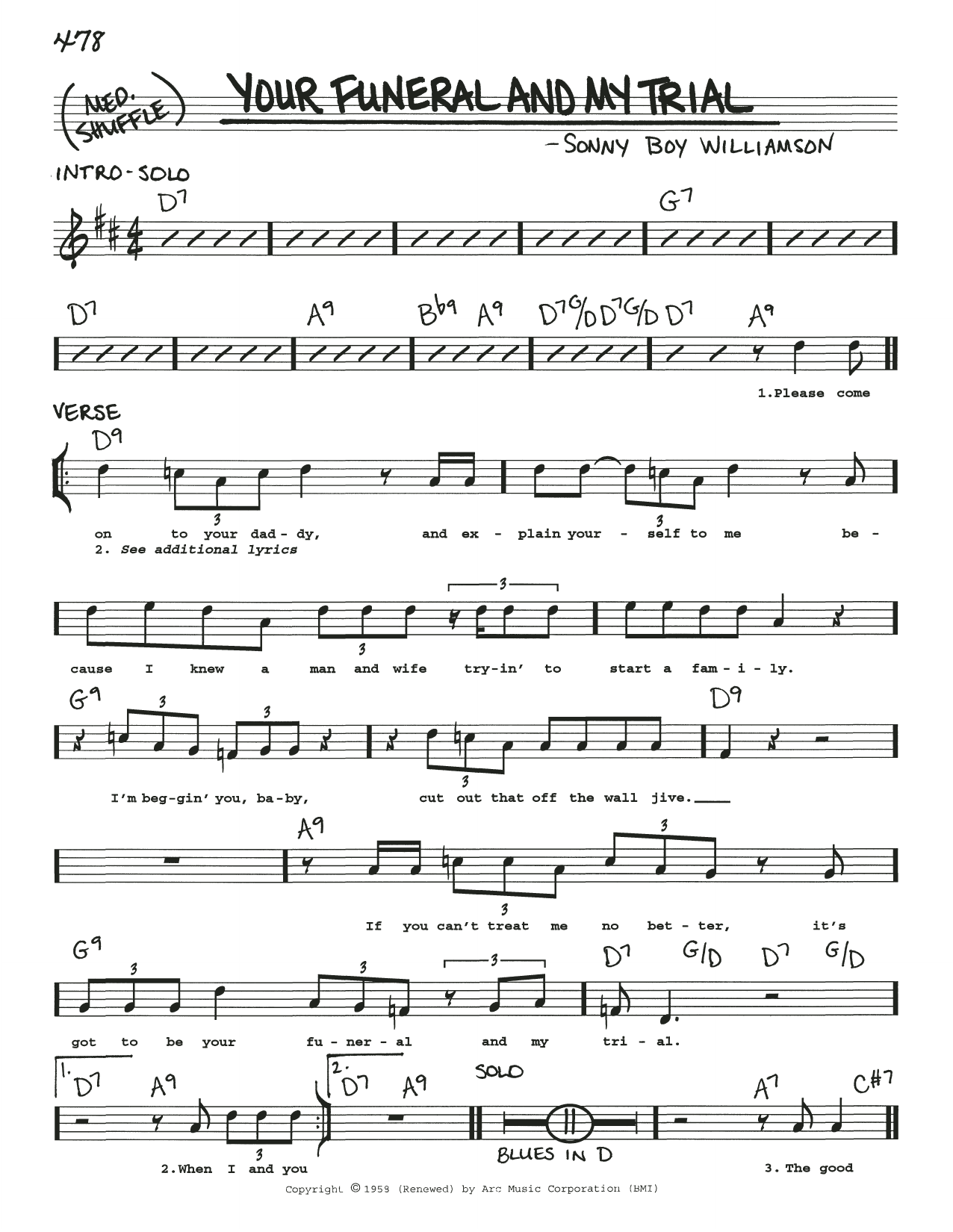 Sonny Boy Williamson Your Funeral And My Trial Sheet Music Notes & Chords for Real Book – Melody, Lyrics & Chords - Download or Print PDF