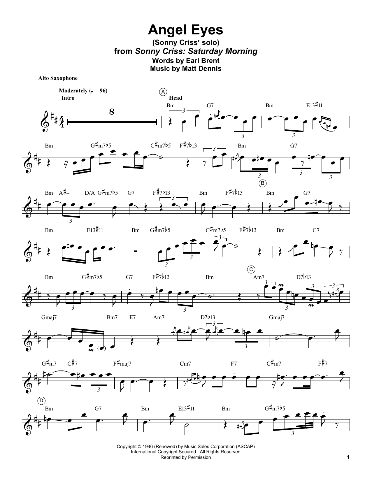 Sonny Criss Angel Eyes Sheet Music Notes & Chords for Alto Sax Transcription - Download or Print PDF