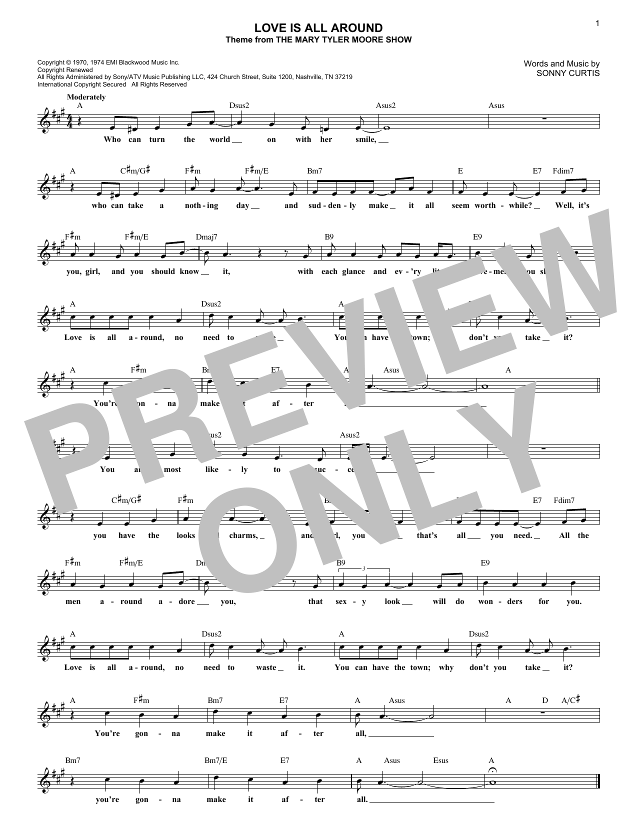 Sonny Curtis Love Is All Around (from The Mary Tyler Moore Show) Sheet Music Notes & Chords for Lead Sheet / Fake Book - Download or Print PDF