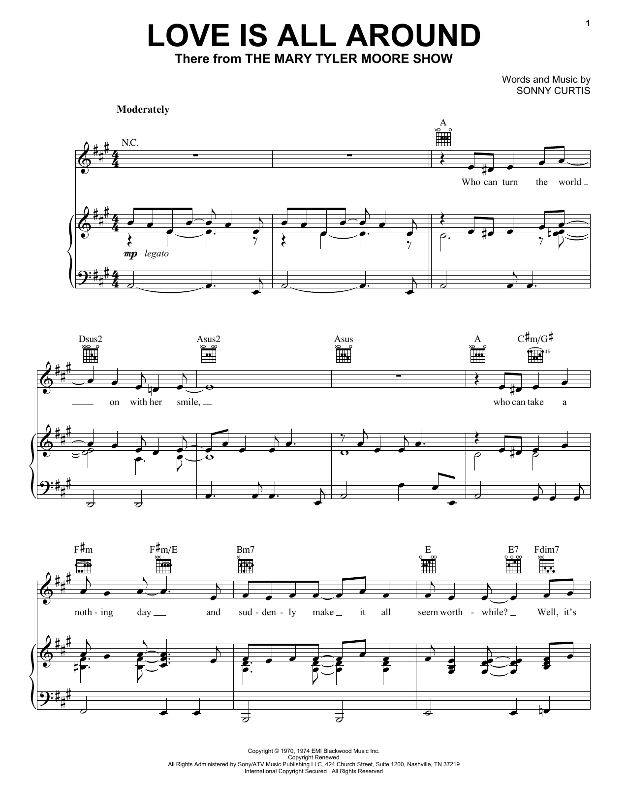 Sonny Curtis Love Is All Around (Theme from The Mary Tyler Moore Show) Sheet Music Notes & Chords for Piano, Vocal & Guitar (Right-Hand Melody) - Download or Print PDF