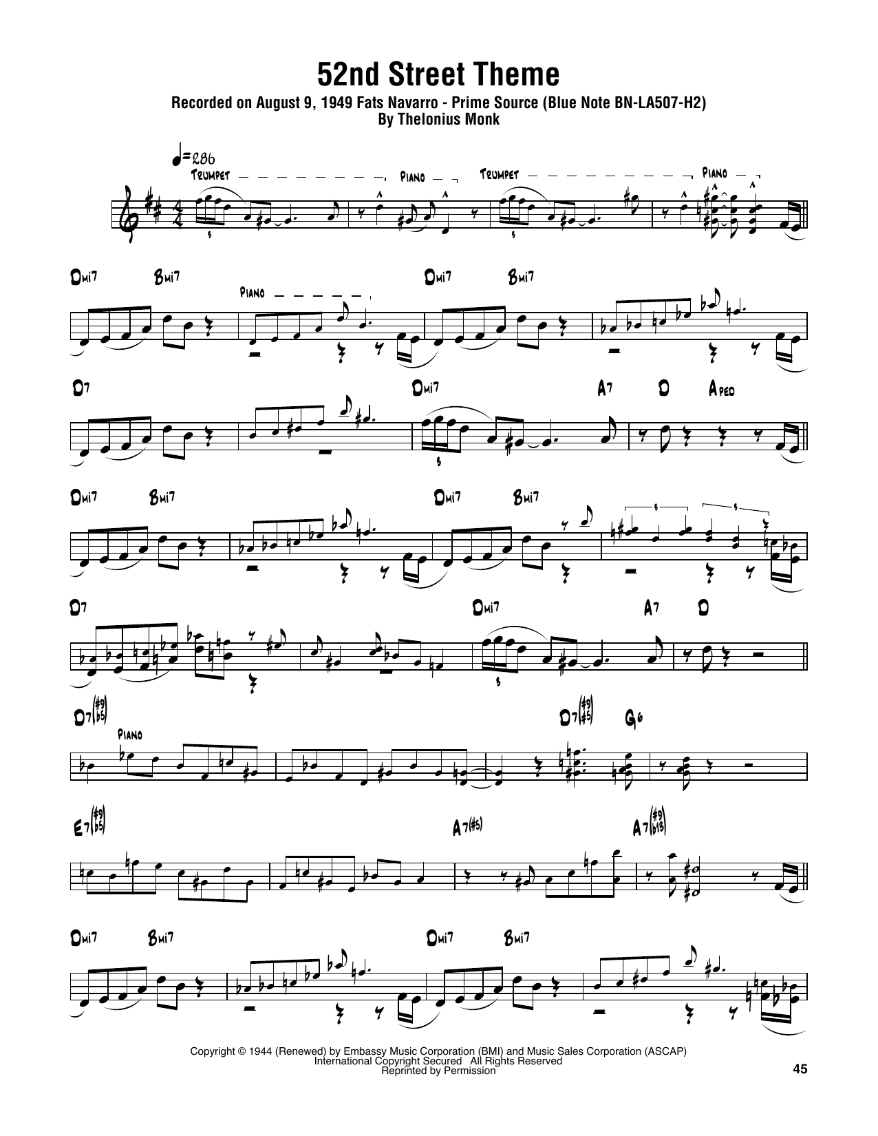 Sonny Rollins 52nd Street Theme Sheet Music Notes & Chords for Tenor Sax Transcription - Download or Print PDF
