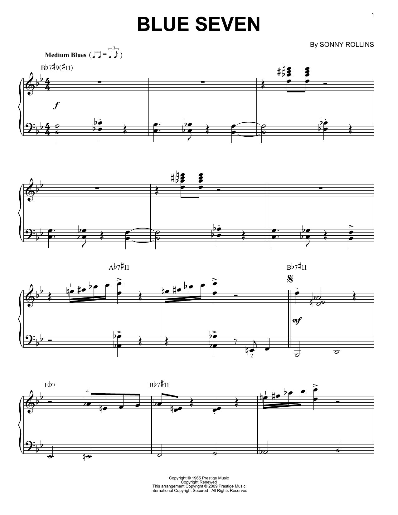 Sonny Rollins Blue Seven [Jazz version] Sheet Music Notes & Chords for Piano - Download or Print PDF