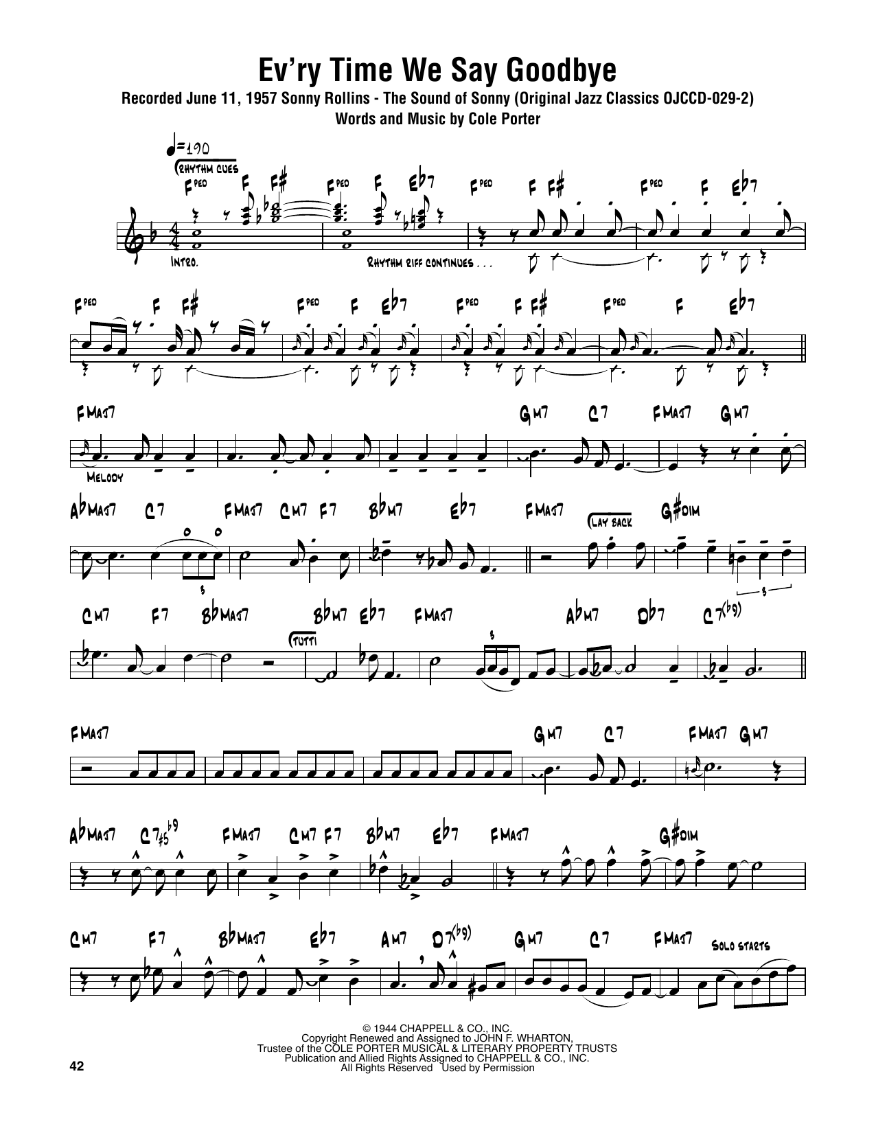 Sonny Rollins Ev'ry Time We Say Goodbye Sheet Music Notes & Chords for Tenor Sax Transcription - Download or Print PDF