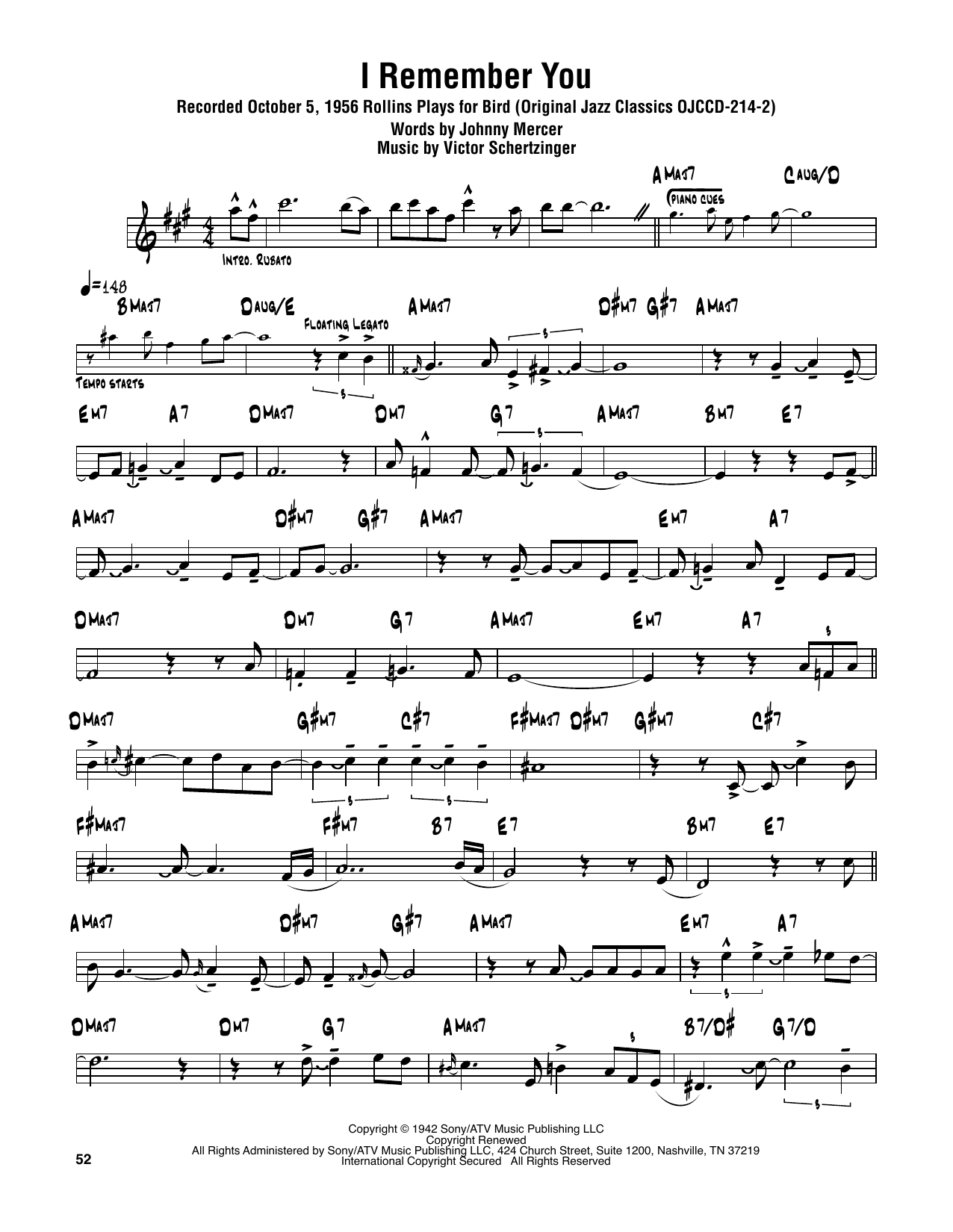 Sonny Rollins I Remember You Sheet Music Notes & Chords for Tenor Sax Transcription - Download or Print PDF