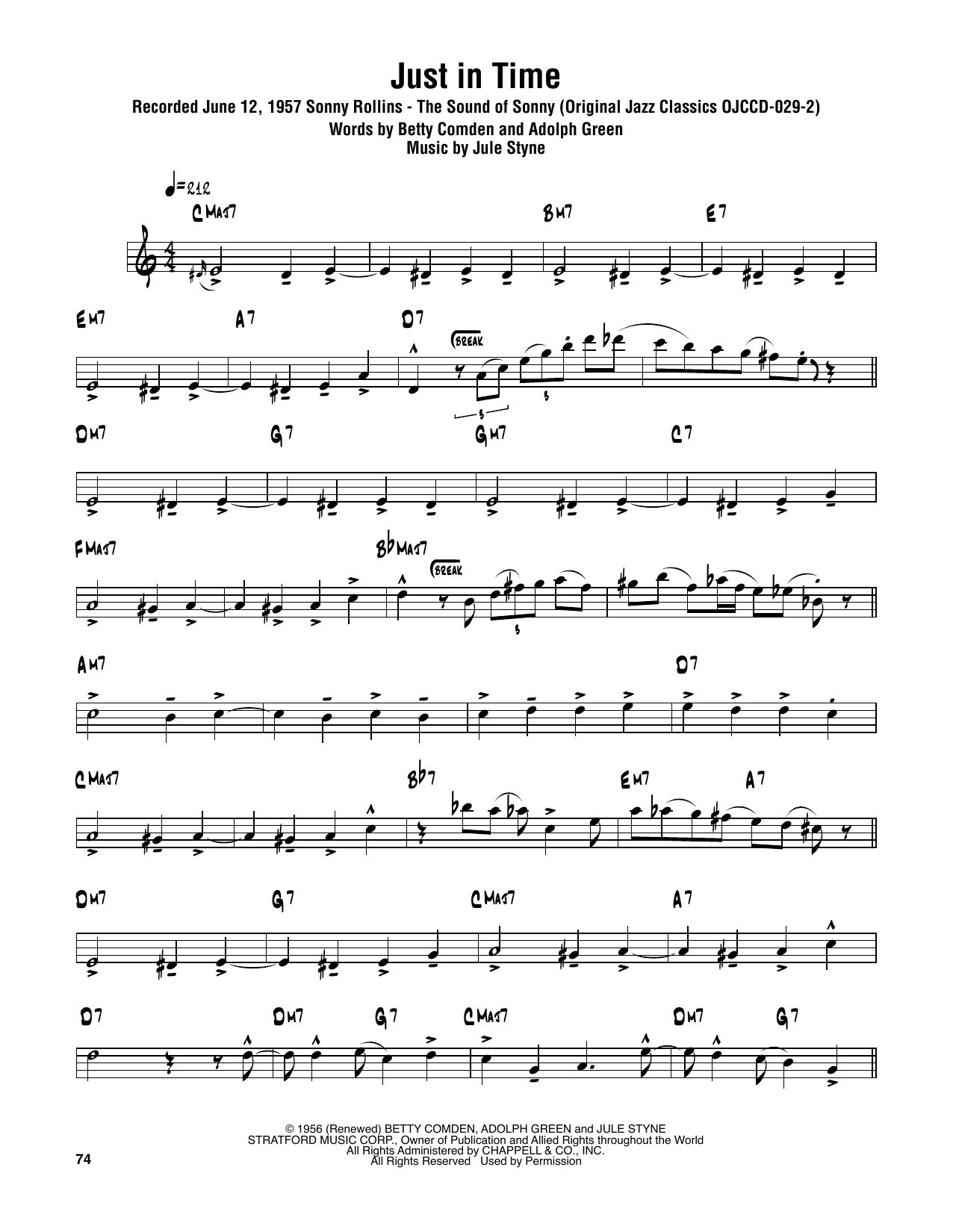 Sonny Rollins Just In Time Sheet Music Notes & Chords for Tenor Sax Transcription - Download or Print PDF