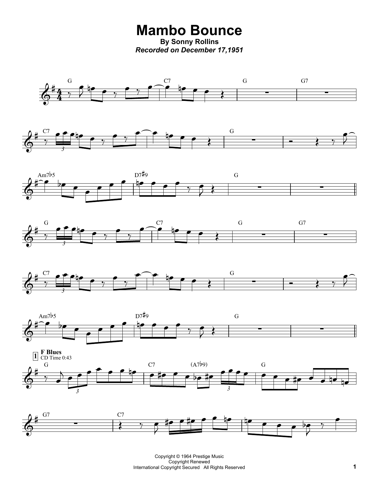 Sonny Rollins Mambo Bounce Sheet Music Notes & Chords for Tenor Sax Transcription - Download or Print PDF