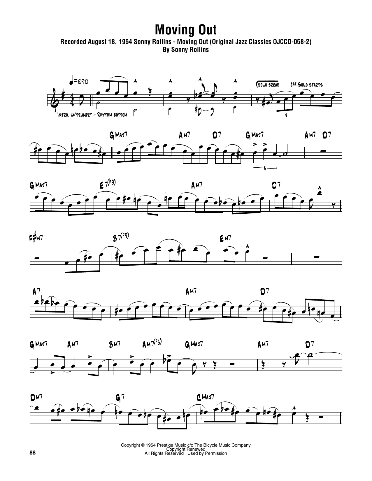 Sonny Rollins Moving Out Sheet Music Notes & Chords for Tenor Sax Transcription - Download or Print PDF