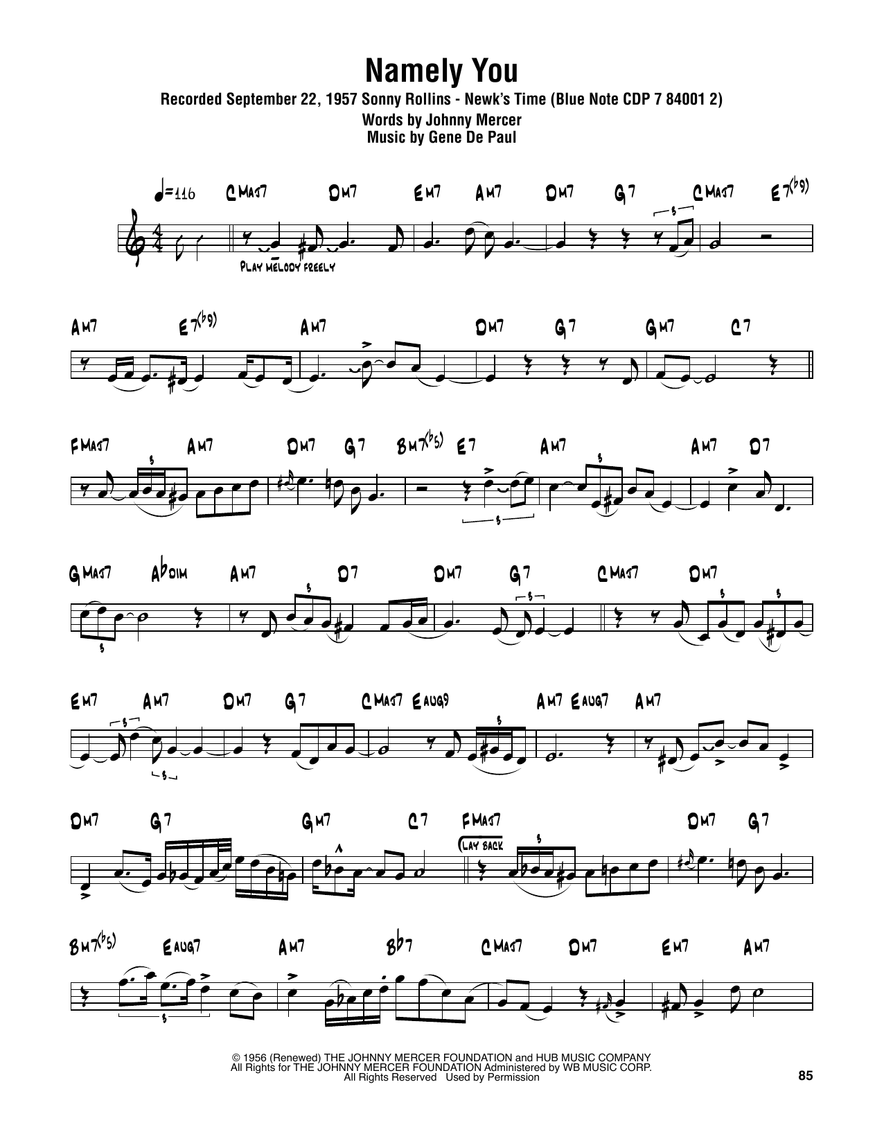 Sonny Rollins Namely You Sheet Music Notes & Chords for Tenor Sax Transcription - Download or Print PDF