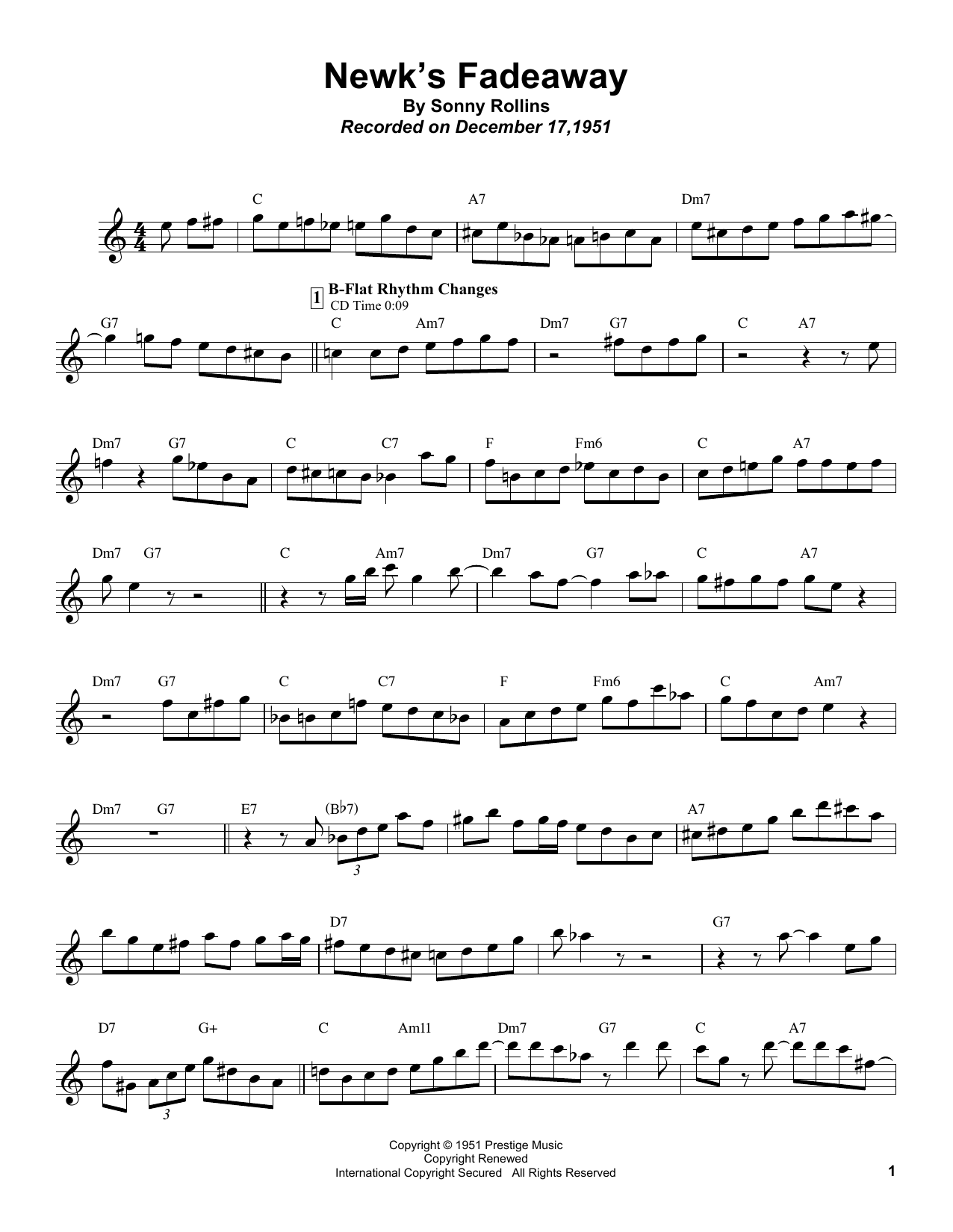 Sonny Rollins Newk's Fadeaway Sheet Music Notes & Chords for Tenor Sax Transcription - Download or Print PDF