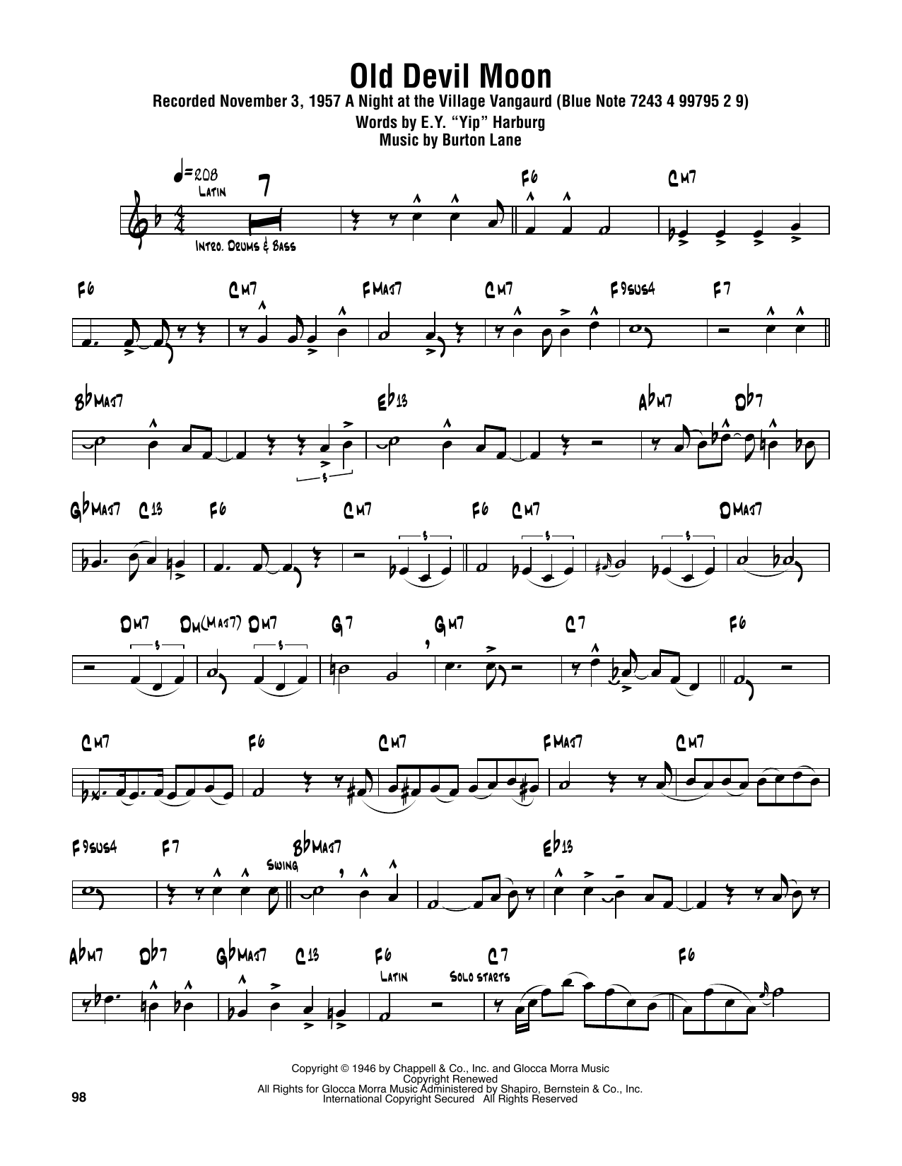 Sonny Rollins Old Devil Moon Sheet Music Notes & Chords for Tenor Sax Transcription - Download or Print PDF