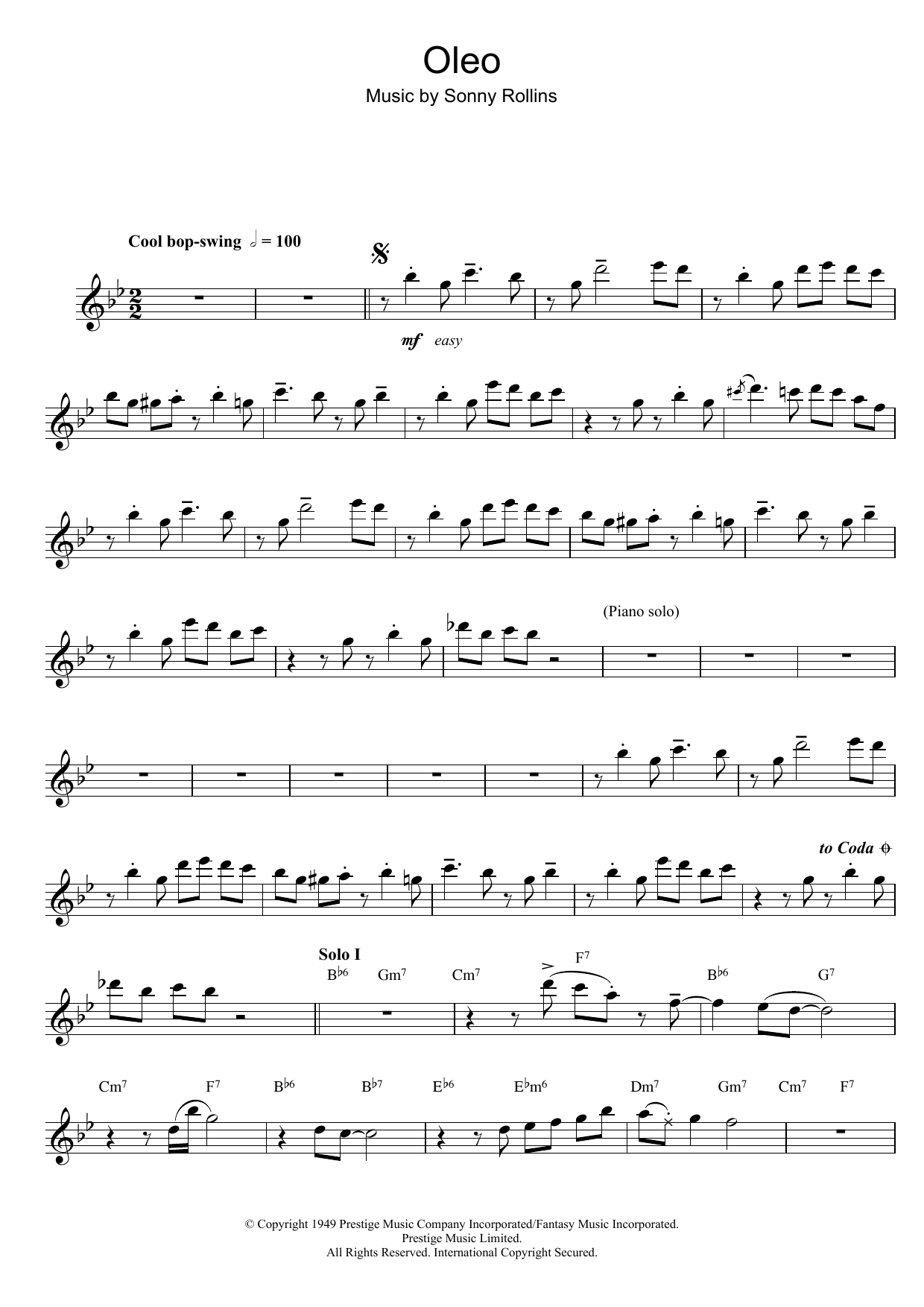 Sonny Rollins Oleo Sheet Music Notes & Chords for Piano - Download or Print PDF