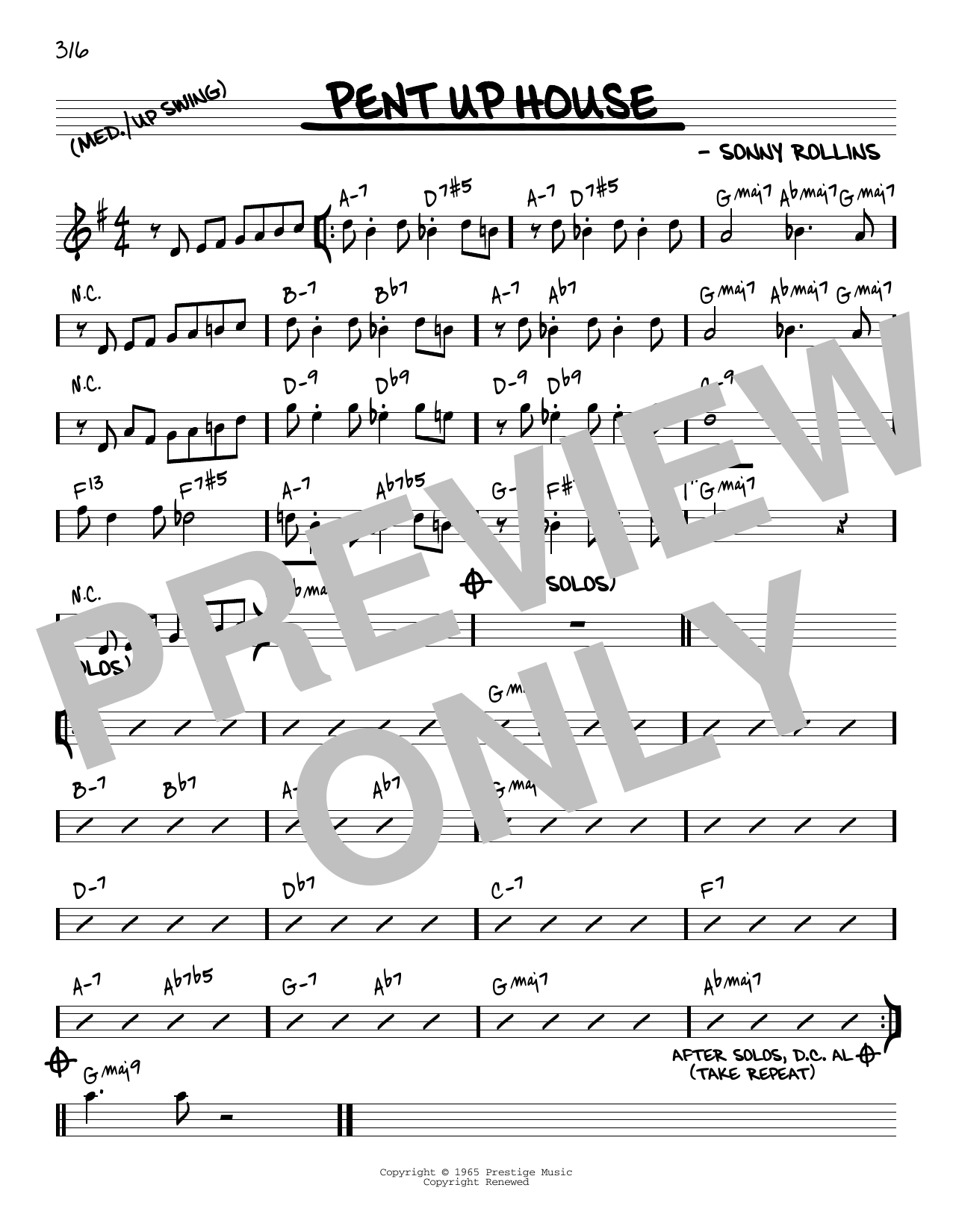 Sonny Rollins Pent Up House [Reharmonized version] (arr. Jack Grassel) Sheet Music Notes & Chords for Real Book – Melody & Chords - Download or Print PDF