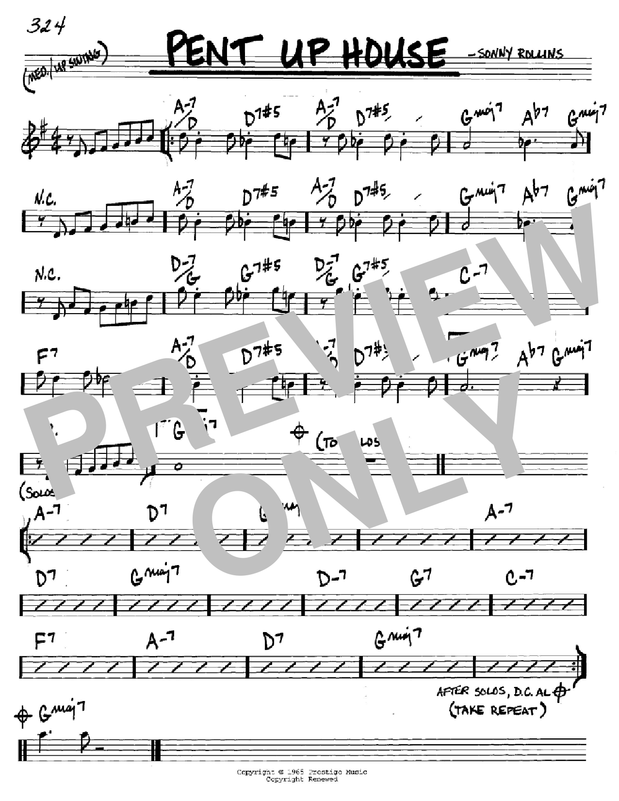 Sonny Rollins Pent Up House Sheet Music Notes & Chords for Real Book - Melody & Chords - Bass Clef Instruments - Download or Print PDF