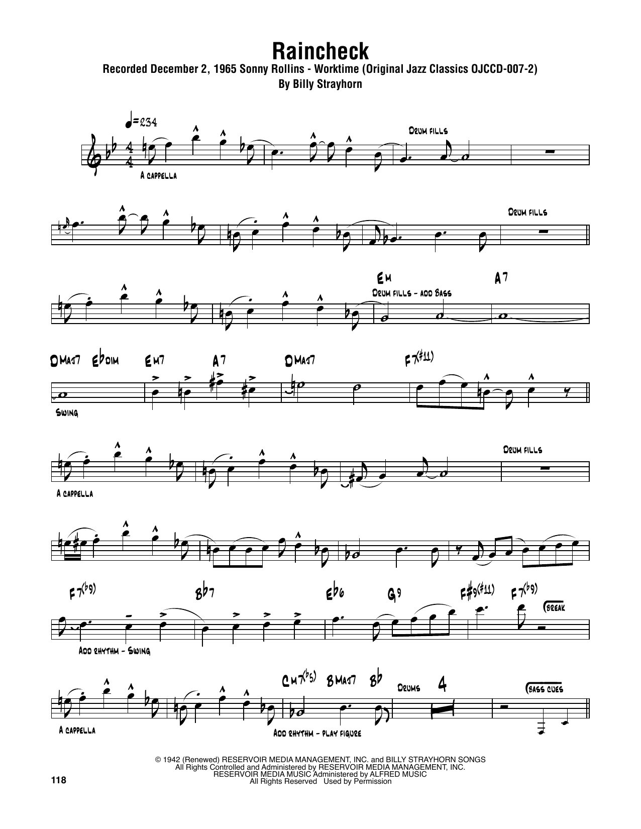 Sonny Rollins Raincheck Sheet Music Notes & Chords for Tenor Sax Transcription - Download or Print PDF