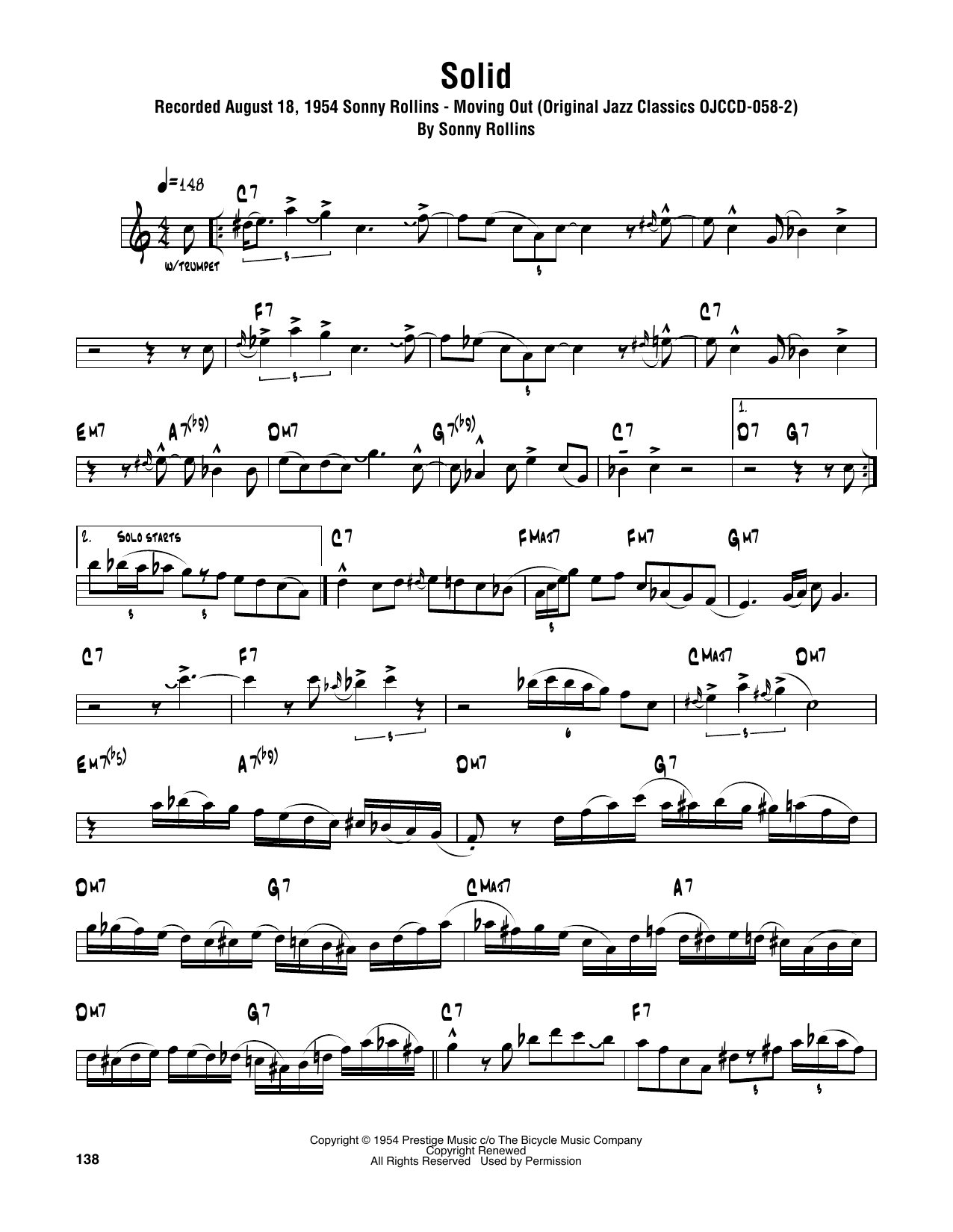Sonny Rollins Solid Sheet Music Notes & Chords for Tenor Sax Transcription - Download or Print PDF