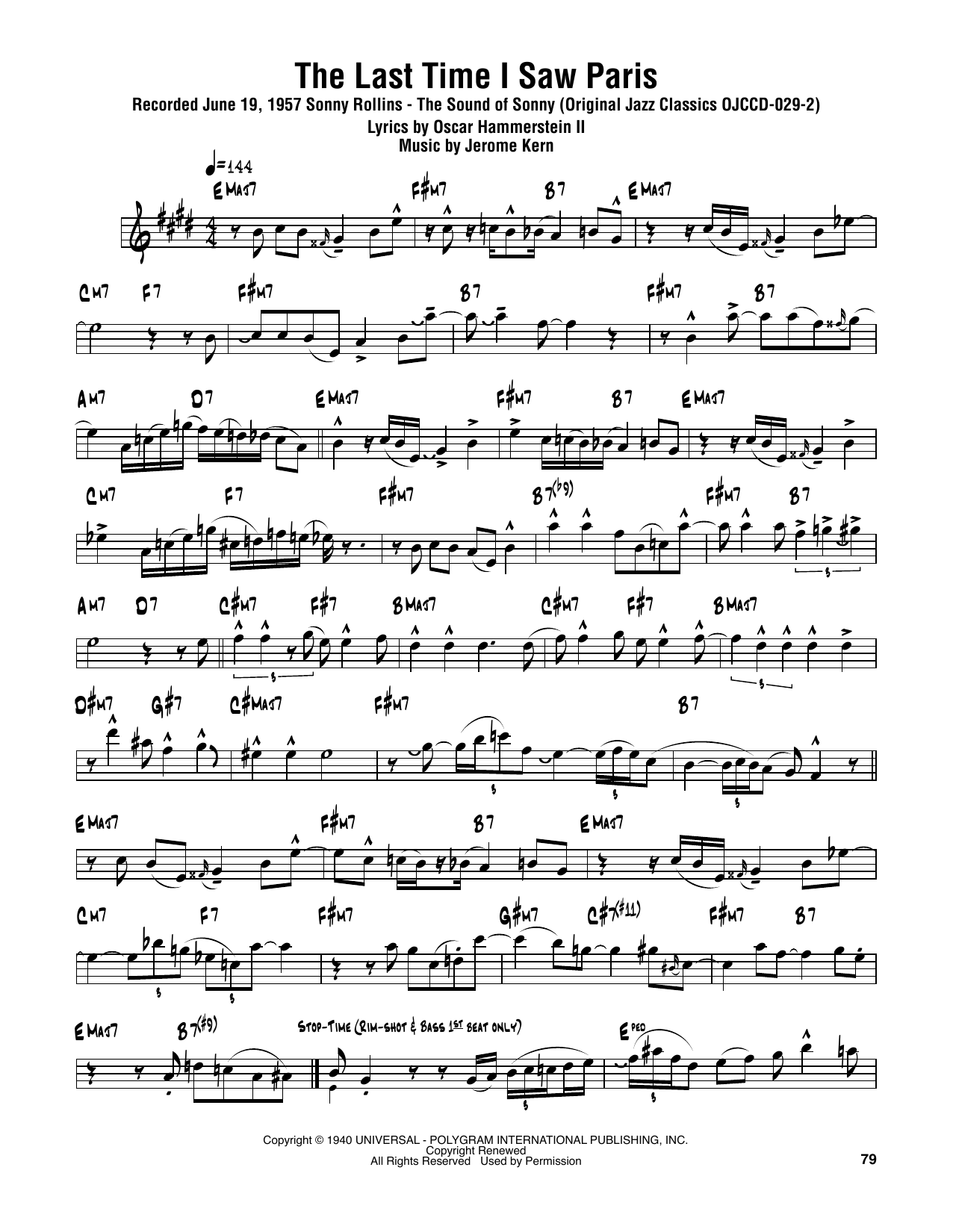Sonny Rollins The Last Time I Saw Paris Sheet Music Notes & Chords for Tenor Sax Transcription - Download or Print PDF