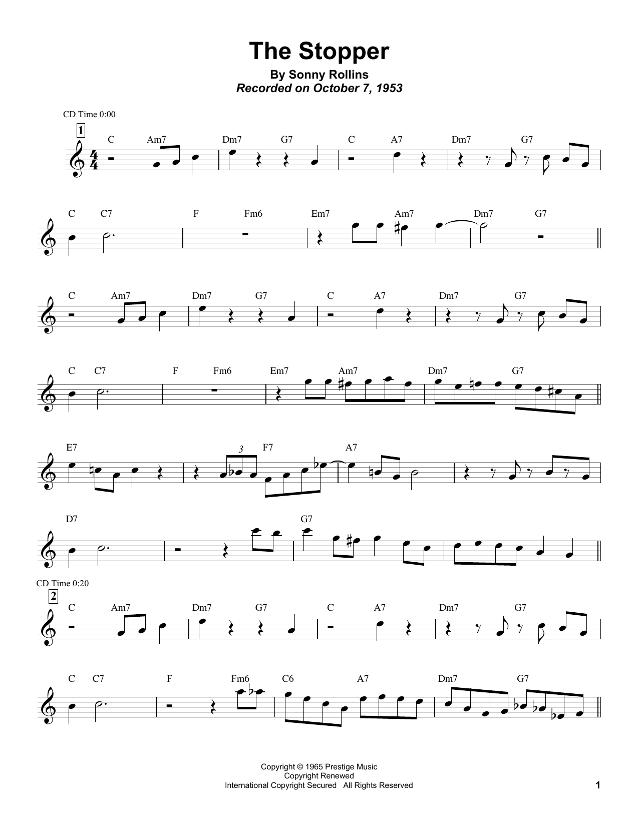 Sonny Rollins The Stopper Sheet Music Notes & Chords for Tenor Sax Transcription - Download or Print PDF