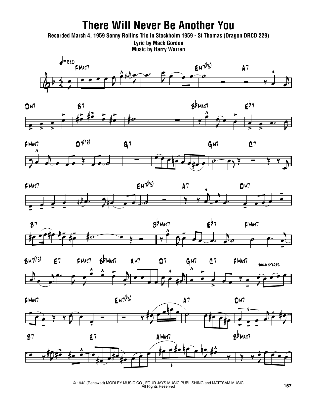 Sonny Rollins There Will Never Be Another You Sheet Music Notes & Chords for Tenor Sax Transcription - Download or Print PDF