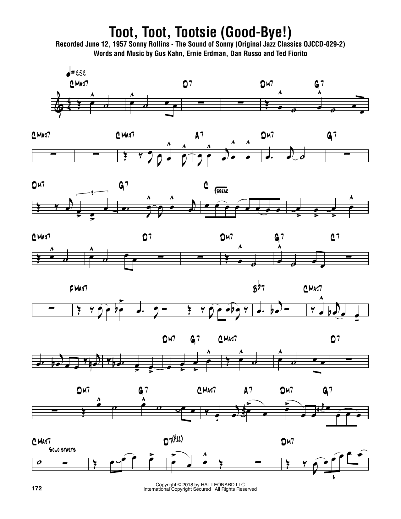 Sonny Rollins Toot, Toot, Tootsie! (Good-bye!) Sheet Music Notes & Chords for Tenor Sax Transcription - Download or Print PDF