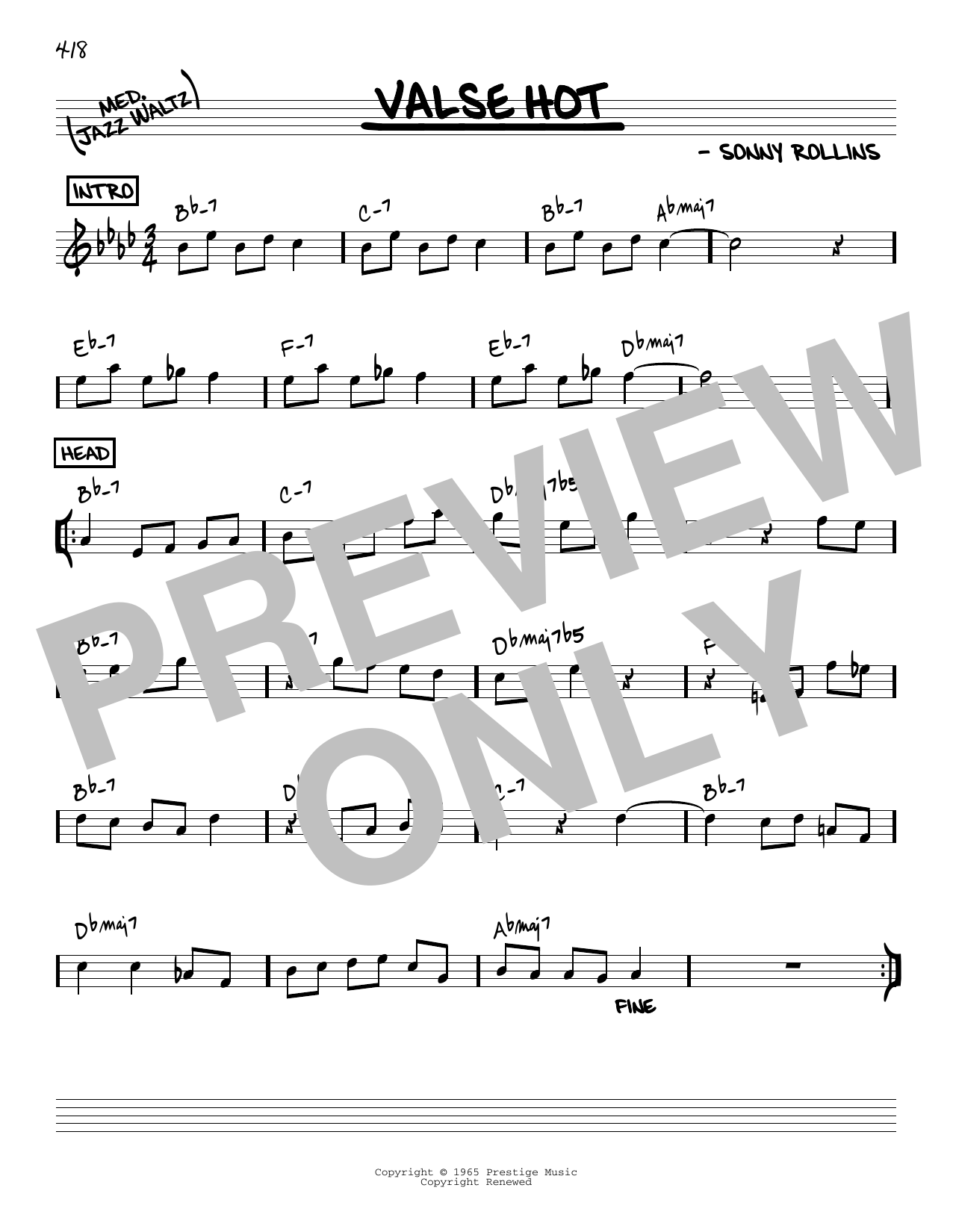 Sonny Rollins Valse Hot [Reharmonized version] (arr. Jack Grassel) Sheet Music Notes & Chords for Real Book – Melody & Chords - Download or Print PDF