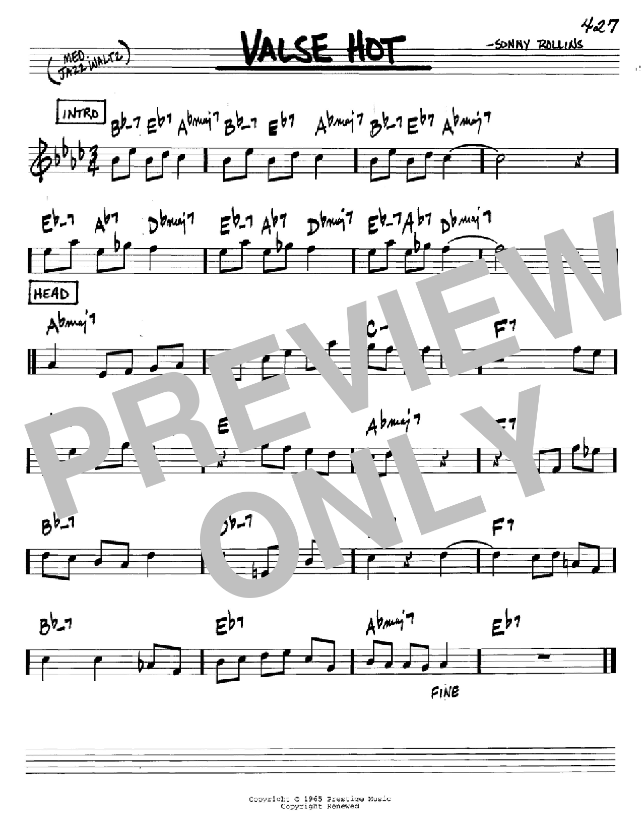 Sonny Rollins Valse Hot Sheet Music Notes & Chords for Tenor Sax Transcription - Download or Print PDF