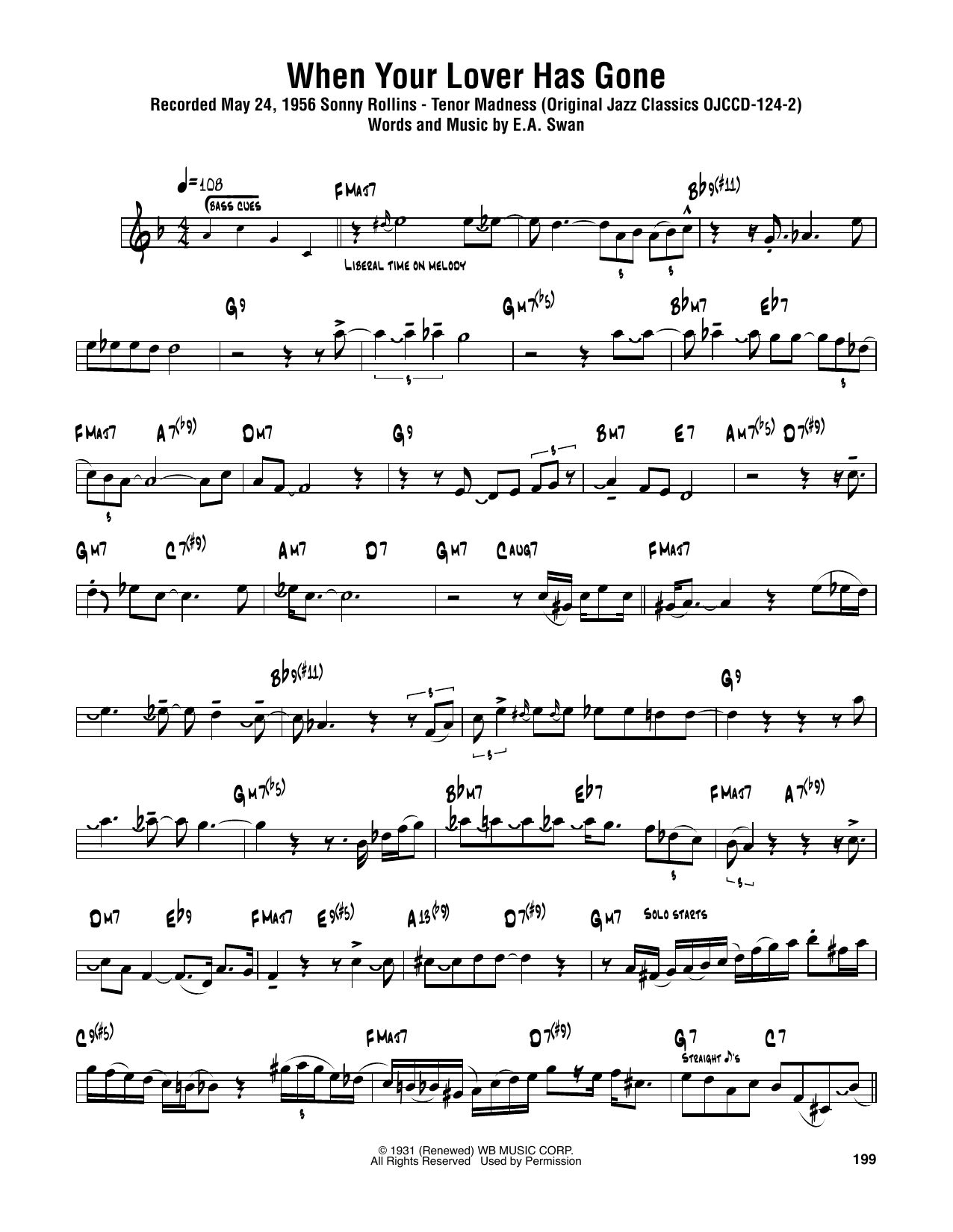 Sonny Rollins When Your Lover Has Gone Sheet Music Notes & Chords for Tenor Sax Transcription - Download or Print PDF
