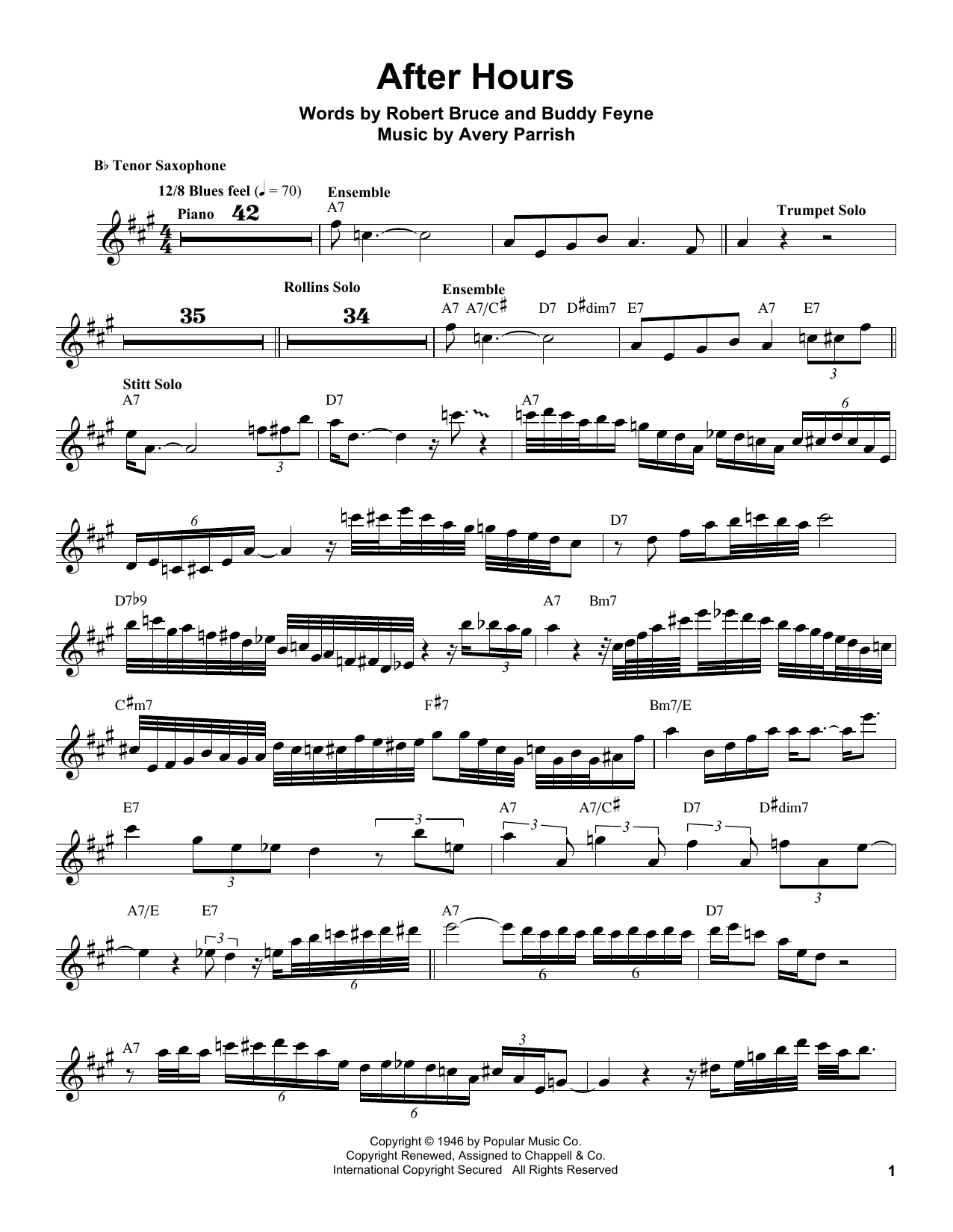 Sonny Stitt After Hours Sheet Music Notes & Chords for Tenor Sax Transcription - Download or Print PDF