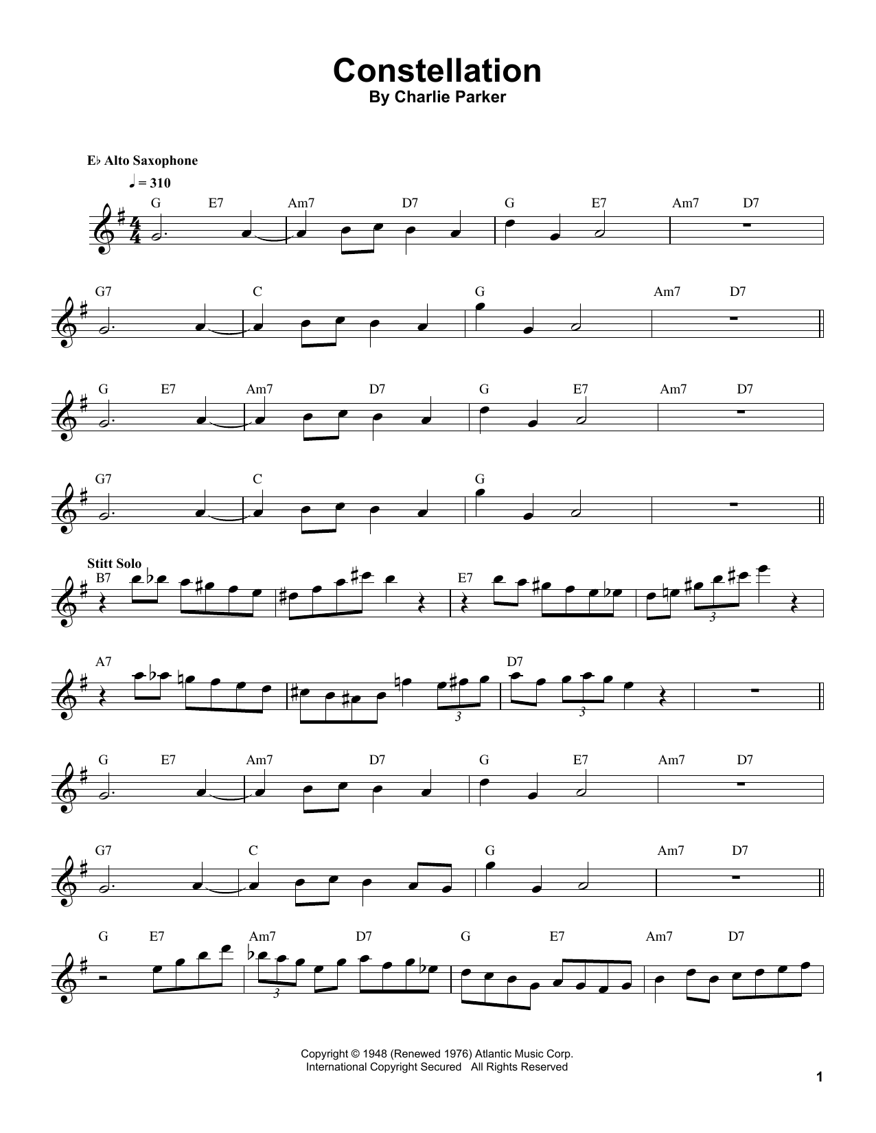 Sonny Stitt Constellation Sheet Music Notes & Chords for Tenor Sax Transcription - Download or Print PDF