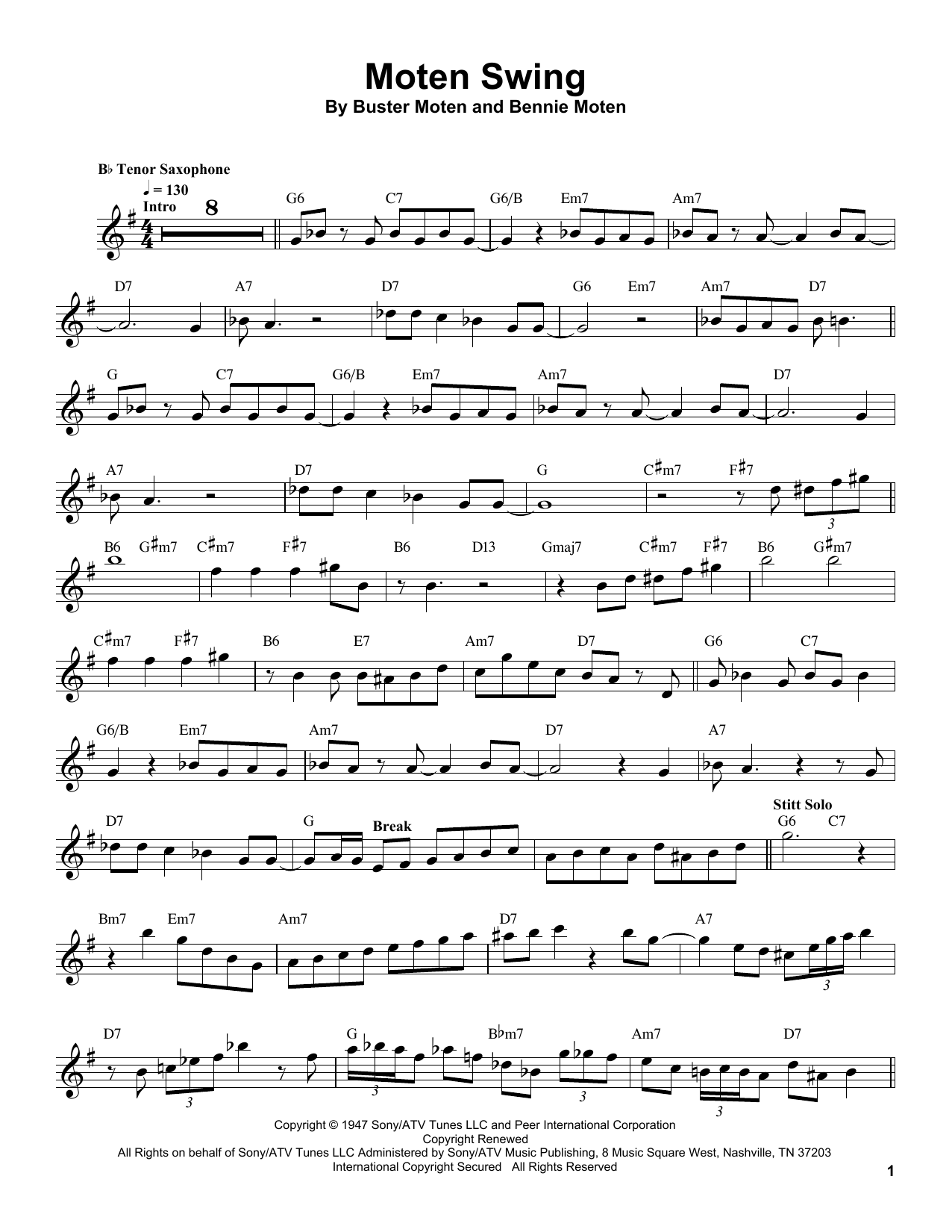 Sonny Stitt Moten Swing Sheet Music Notes & Chords for Tenor Sax Transcription - Download or Print PDF