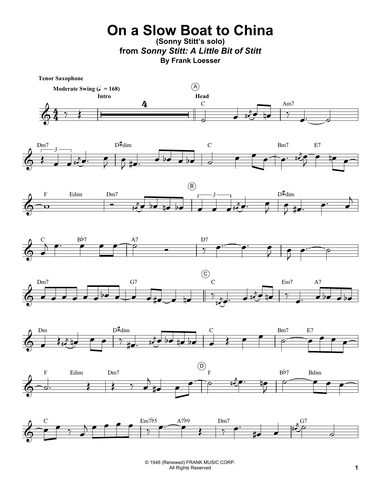 Sonny Stitt On A Slow Boat To China Sheet Music Notes & Chords for Tenor Sax Transcription - Download or Print PDF